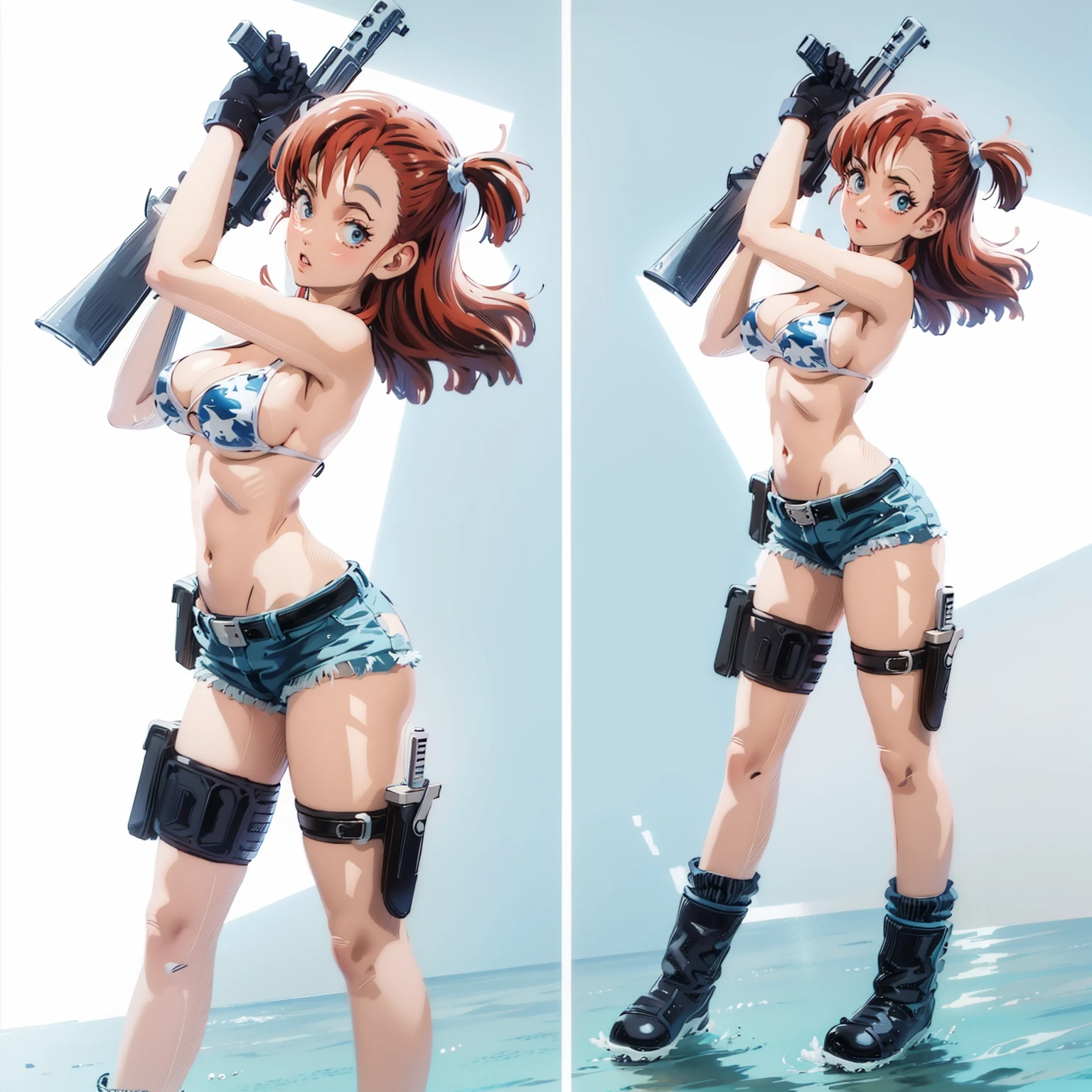 1girl, solo, gun, weapon, Leather Shorts, swimsuit, bulma, holster, boots, bikini, red hair, gloves, breasts, one side up, bikini top only, thigh holster, shorts, short shorts, cleavage, navel, medium breasts, handgun, full body, long hair, midriff, belt, thigh strap