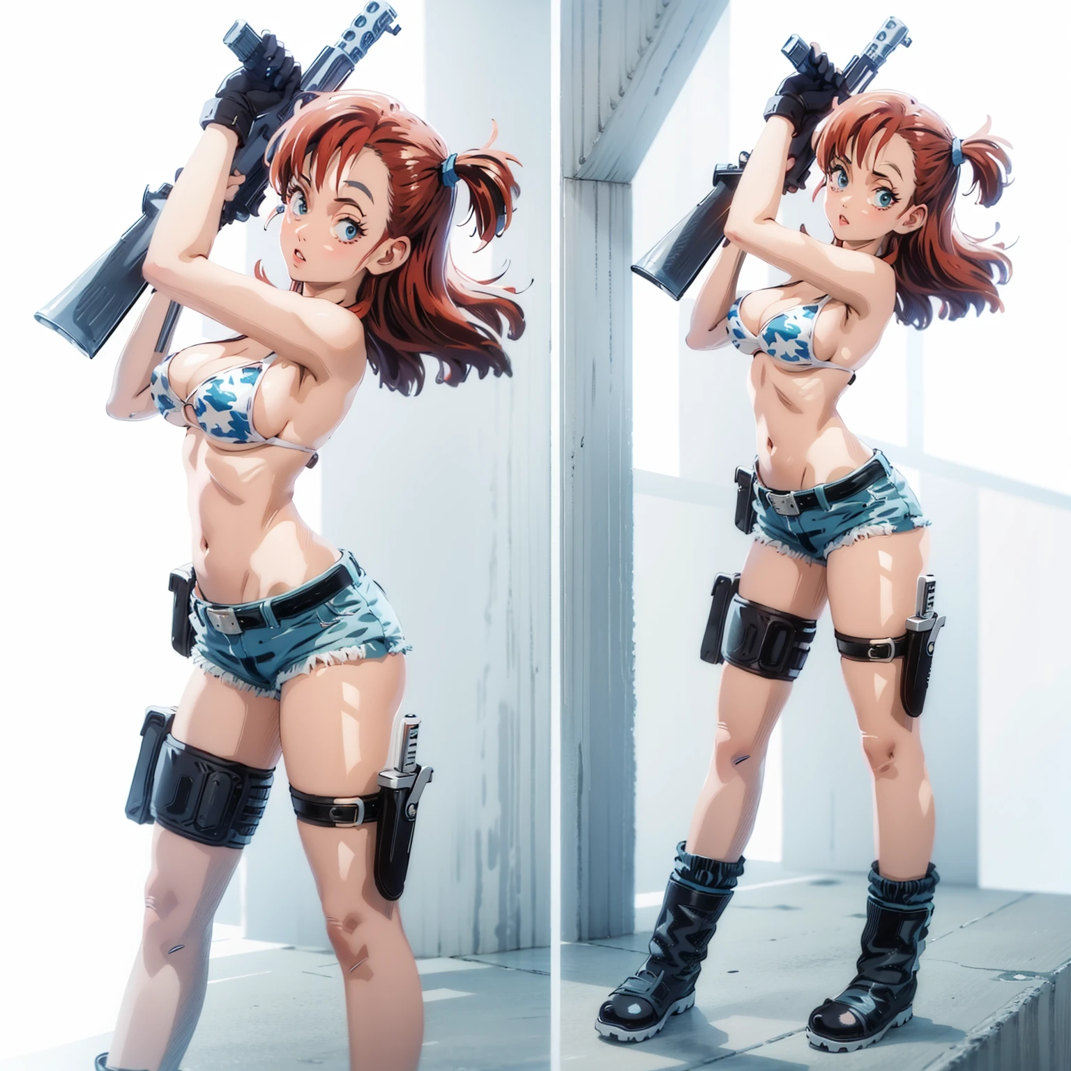 1girl, solo, gun, weapon, Leather Shorts, swimsuit, bulma, holster, boots, bikini, red hair, gloves, breasts, one side up, bikini top only, thigh holster, shorts, short shorts, cleavage, navel, medium breasts, handgun, full body, long hair, midriff, belt, thigh strap