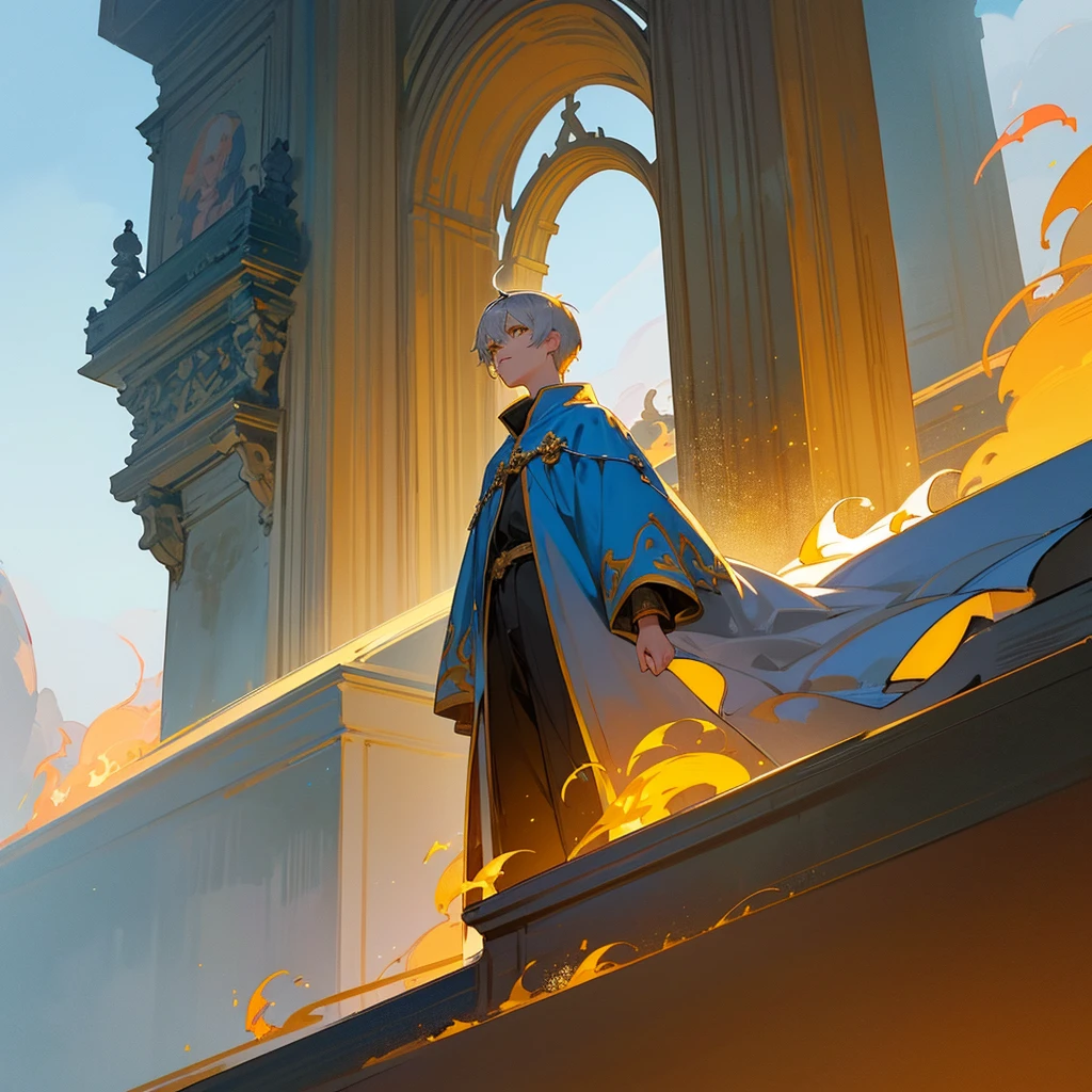 Attention to detail, Clarity, 8 kilometers, Throne of Fire, Young man, 18-year-old, Light grey hair, short hair, Yellow Eyes, Blue sky in the background, Walk up the flaming stairs to the heavens、To the throne before me, realism, Fantasy,