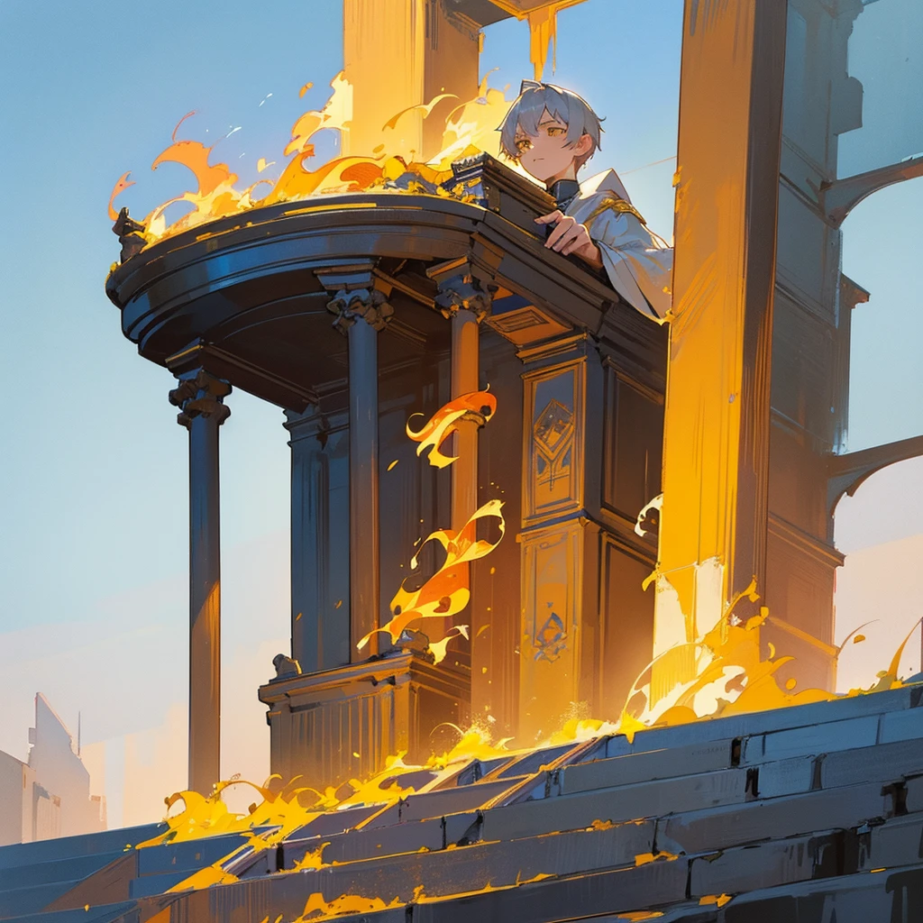 Attention to detail, Clarity, 8 kilometers, Throne of Fire, Young man, 18-year-old, Light grey hair, short hair, Yellow Eyes, Blue sky in the background, Walk up the flaming stairs to the heavens、To the throne before me, realism, Fantasy,