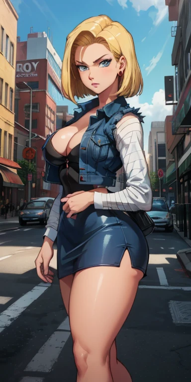 unparalleled masterpiece, ultra realistic 8k CG, perfect artwork, (1girl:1.1) , solo, ((perfect female figure)), (nsfw), looking at viewer, mature female, bimbo (android 18) standing, (teasing), best quality:1.1 , seductive posture, sexy pose, alluring, (beautiful), (curvy), (thick), blonde hair, (blue eyes:1.2), black hair, earrings, jewelry, denim vest, open vest, black pantyhose, green shirt, denim skirt, striped long sleeves, blue skirt, toned legs, fit, (abs:1.1), (big butt:1.4), peach ass, (athletic body:1.2), (large breasts:1.3, (big_breasts:1.1), wide_hips:1.5, narrow waist, small waist:1.5, slender body:1.2, thick thighs:1.3), (shiny skin:1.2), (hdr), (street:1.2), Nikon D850 film stock photograph Kodak Portra 400 camera f1.6 lens, rich colors, lifelike texture, dramatic lighting, unreal engine, midnight NY downtown, trending on ArtStation, by Gerald Brom, by Frank Frazetta, by Luis Royo, by Julie Bell, by Boris Vallejo