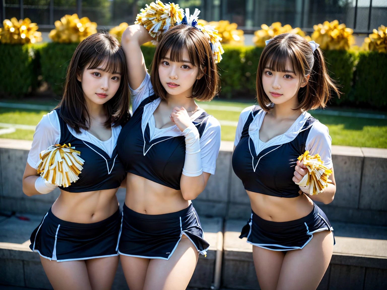 (RAW photo, 4k, masterpiece, high resolution, extremely complex) (realistic: 1.4), cinematic lighting
((2 girls, 2 schoolgirls)),blushing,((innocent)),bright eyes,round eyes,blunt bangs,(short bob hair:1.3),black hair,large breasts,wide hips,Summer Noon, ,Hot, (Best Quality), (Highres), (an Extremely Delicate and Beautiful),(Beautiful 8k face),(Brown eyes),( spectators),(gigantic breasts),(Play with each other,Touching each other's bodies,Touching the body),(cheer girl:1.5),(a miniskirt),(reality),bright lighting,(The background is a luxury hotel room)