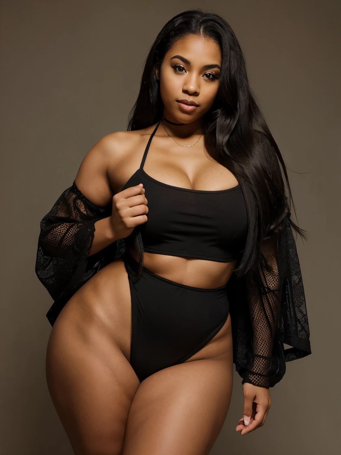 Mixed black ethnicity, curvy girl , long hair ,wearing sexy jumbswite