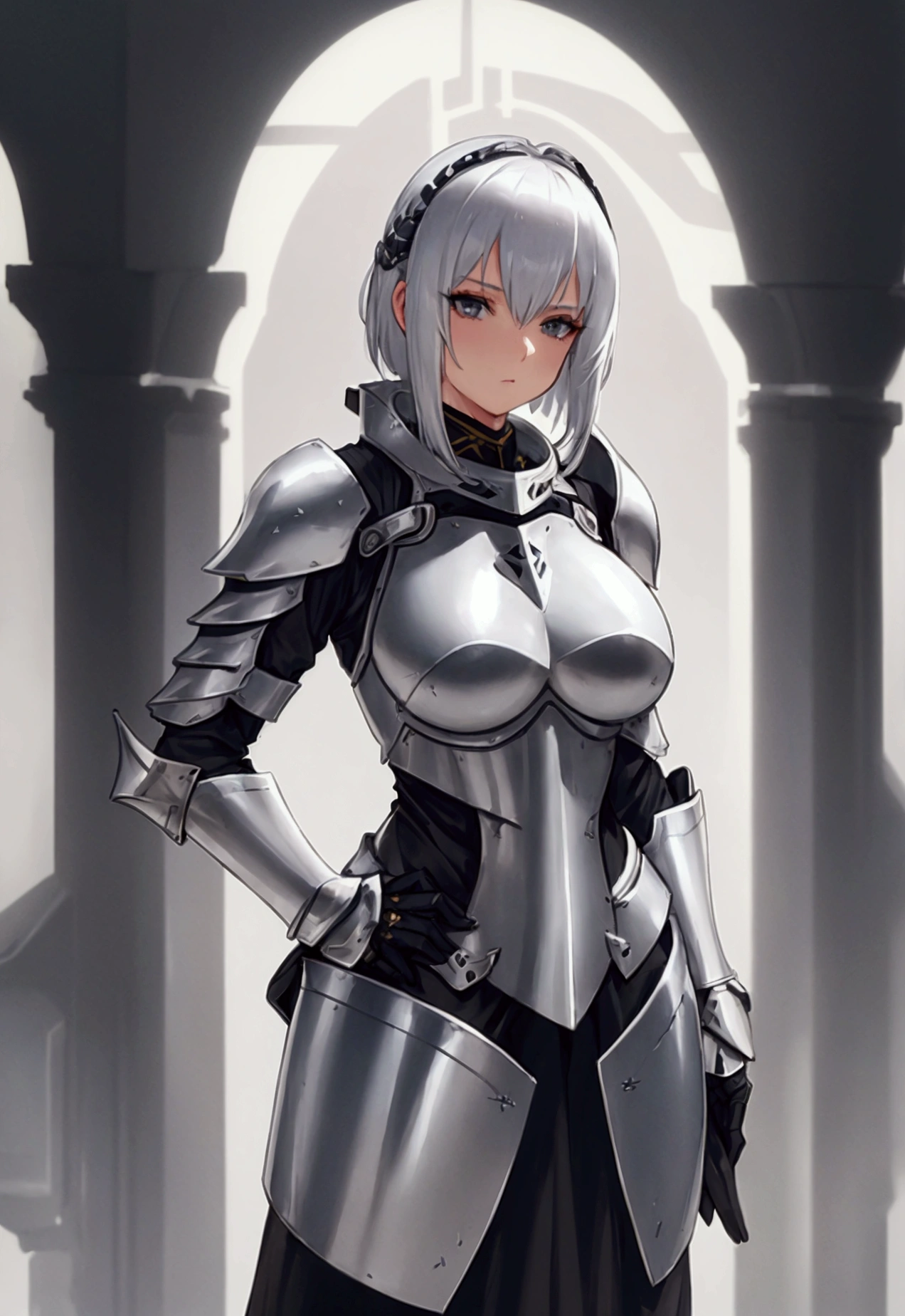 A beautiful silver-haired girl in armor, highly detailed, masterpiece quality, short hair, large bust, F1.2 aperture, apocalyptic, blurred background, solo female, commander of the silver-white holy knight order