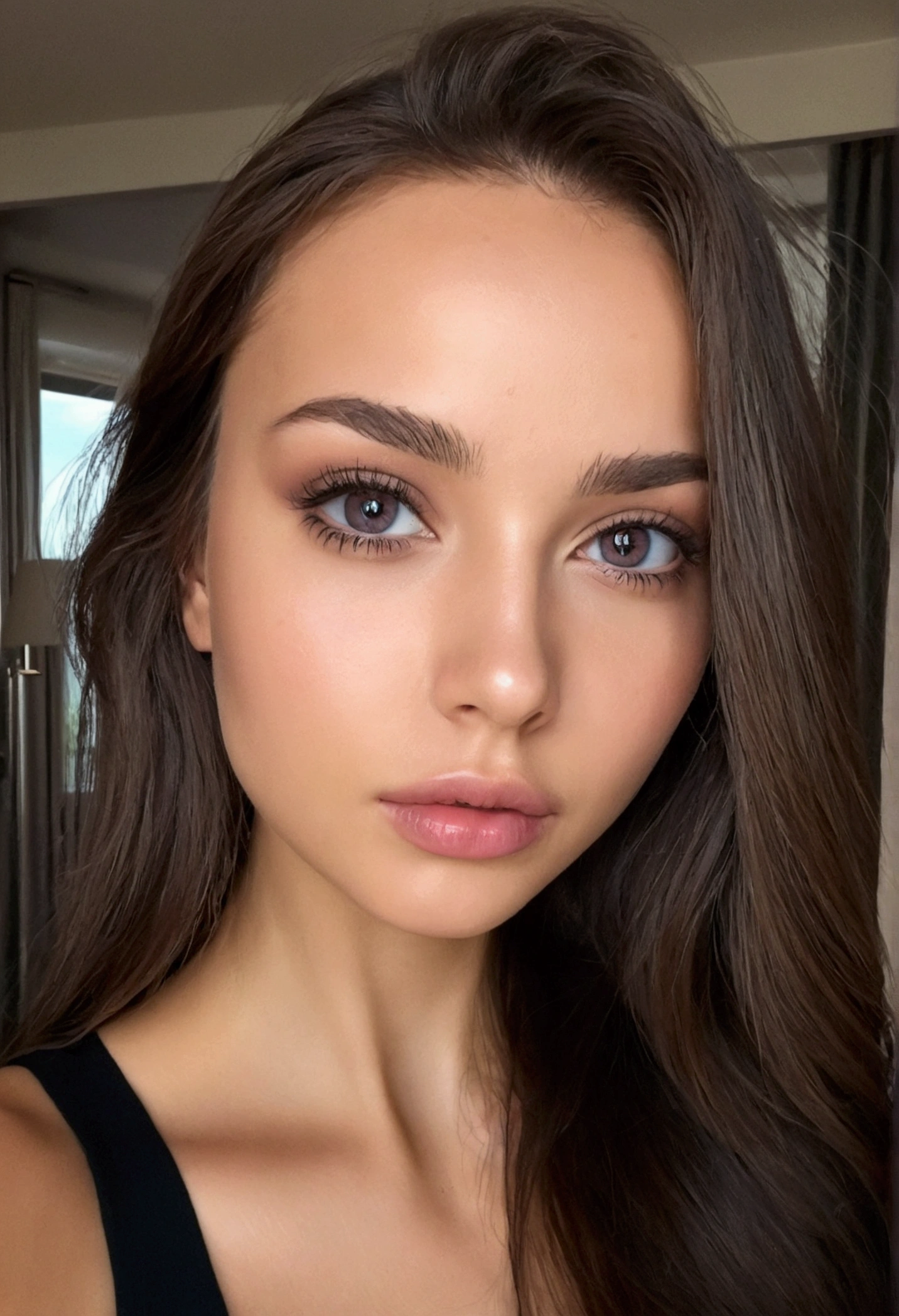 arafed, femme, à, vêtements noirs, espagnol, fille sexy aux yeux marrons, grand , portrait sophie mudd, cheveux bruns et grands yeux, selfie d'une jeune femme, yeux de la chambre, violette myers, sans maquillage, maquillage naturel, regarder directement la caméra, ferme ta bouche, a l'air séduisant, visage avec artgram, maquillage subtil, superbe photo de tout le corps, dans la chambre, clivage