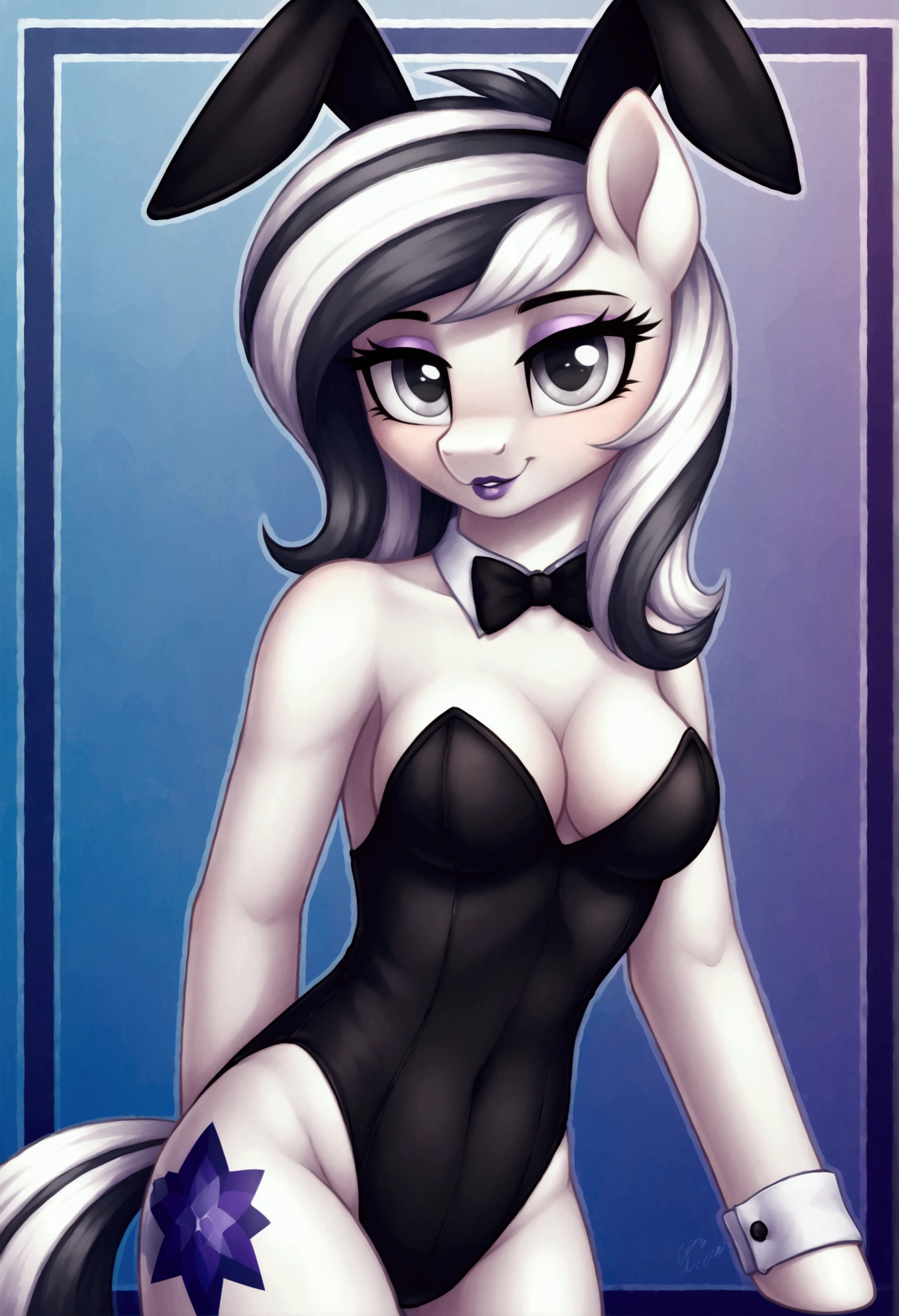 My little pony, (Pony), (black stripe on hair), white hair, (pale white body), gray eyes, medium breasts, purple lips, butt, milf, perfect lines, cinematic, stocking, (erotic magazine cover featuring a pony), ((erotic role play costume))