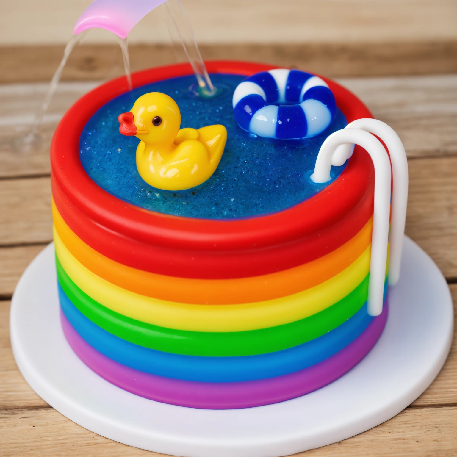 on a wooden table. there is a white plate. rainbow cake IMITATING POOL, RAINBOW STRIPS FROM POLYMER CLAY. blue jelly with bubbles. a plastic duck toy floats on it. nearby is a lifebuoy made of polymer clay, two white railings for the stairs, Beautiful light from the window, contour light, Multiple light sources, beautiful sunlight, Bright light source, bright lighting, beautiful light sources, Multiple light sources, Realistic style , realistic texture, detailed texture, a high resolution, high quality, macro photography