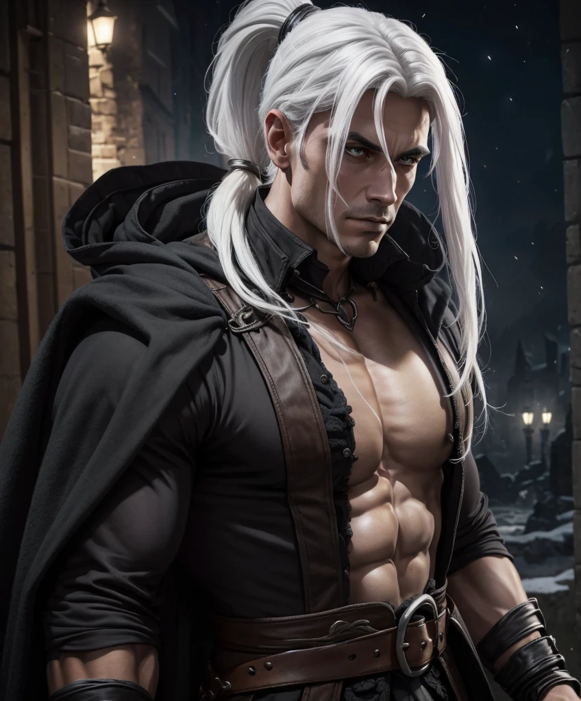 score_9, score_8_up, score_8,  (((Single character image.))) (((1boy))) (((Dressed in medieval fantasy attire.)))   (((This male character is sexy and virile.))) Generate a sinister male character for a dark fantasy setting. (((Powerful, muscular body.  Shirtless.  Great abs.  Great muscles.  Bodybuilder physique.)))  Dressed in medieval fantasy attire for a dark fantasy setting.  Dressed in dark medieval fantasy attire.  This individual is a criminal and a thug and a member of the town's dangerous criminal underworld.  (((Dark background at night.))) (((White hair in a ponytail.))) He is attractive and darkly handsome but has a nature to him that seems to be towards crime and the sinister activities that go on.  top quality, best quality, official art, beautiful and aesthetic:1.2), extreme detailed,  colorful, highest detailed,  best quality:1.0,hyperealistic:1.0,photorealistic:1.0,madly detailed CG unity 8k wallpaper:1.0,masterpiece:1.3,madly detailed photo:1.2, hyper-realistic lifelike texture:1.4, picture-perfect:1.0,8k, HQ,best quality:1.0, 