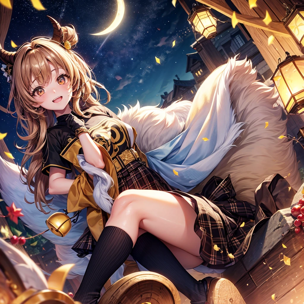 Brown and gold hair、Red gold eyes、Hair tied up、One good looking girl、solo、anime、Checkered mini skirt、T-Shirts、Black knee-high socks、Teeth are visible、Starry Sky、Midnight Moon、Confetti、A large cherry tree growing on the top of a rocky mountain、Home々、Light is flowing、Wearing a bell、Petting a goat、Apple