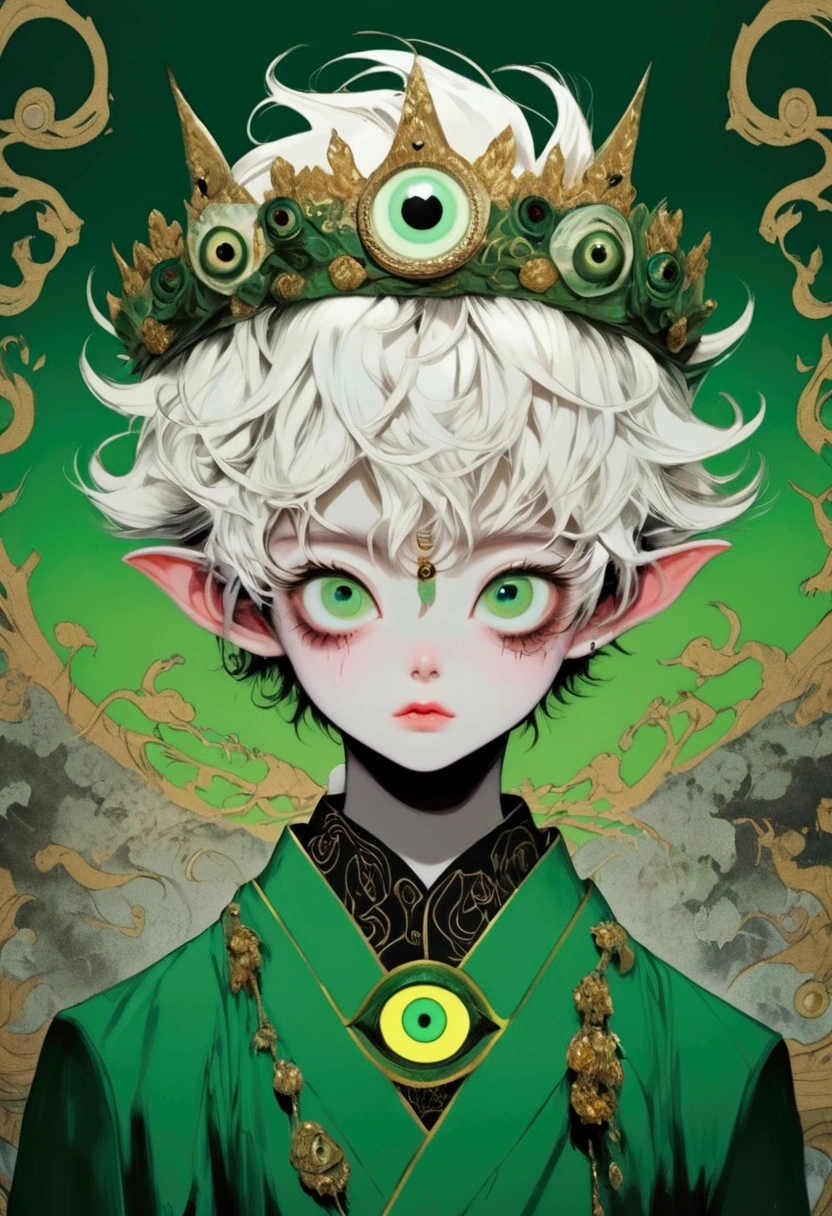 Japanese Anime，Second Dimension，Horror style，horror character，(((Three-eyed boy，独奏，third eye on the forehead，Dark eyeshadow，White short hair，Elf ears，Green Skin，Exaggerated golden crown-eyeball decoration))),(((Japanese clothing))).(((Thin waist，Green belt：1.6))).Pure pink background