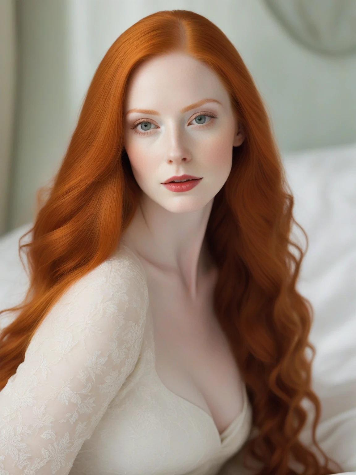 There is a woman with long red hair lying on a bed., amaranth, con pale skin, pale porcelain white skin, pale skin y clara!!, pale skin y brillante, she has long orange hair, She has long orange-brown hair., pale skin, smooth and impeccable, pale red, pale skin marfil, pale skin de porcelana, soft and pale skin, King's wool