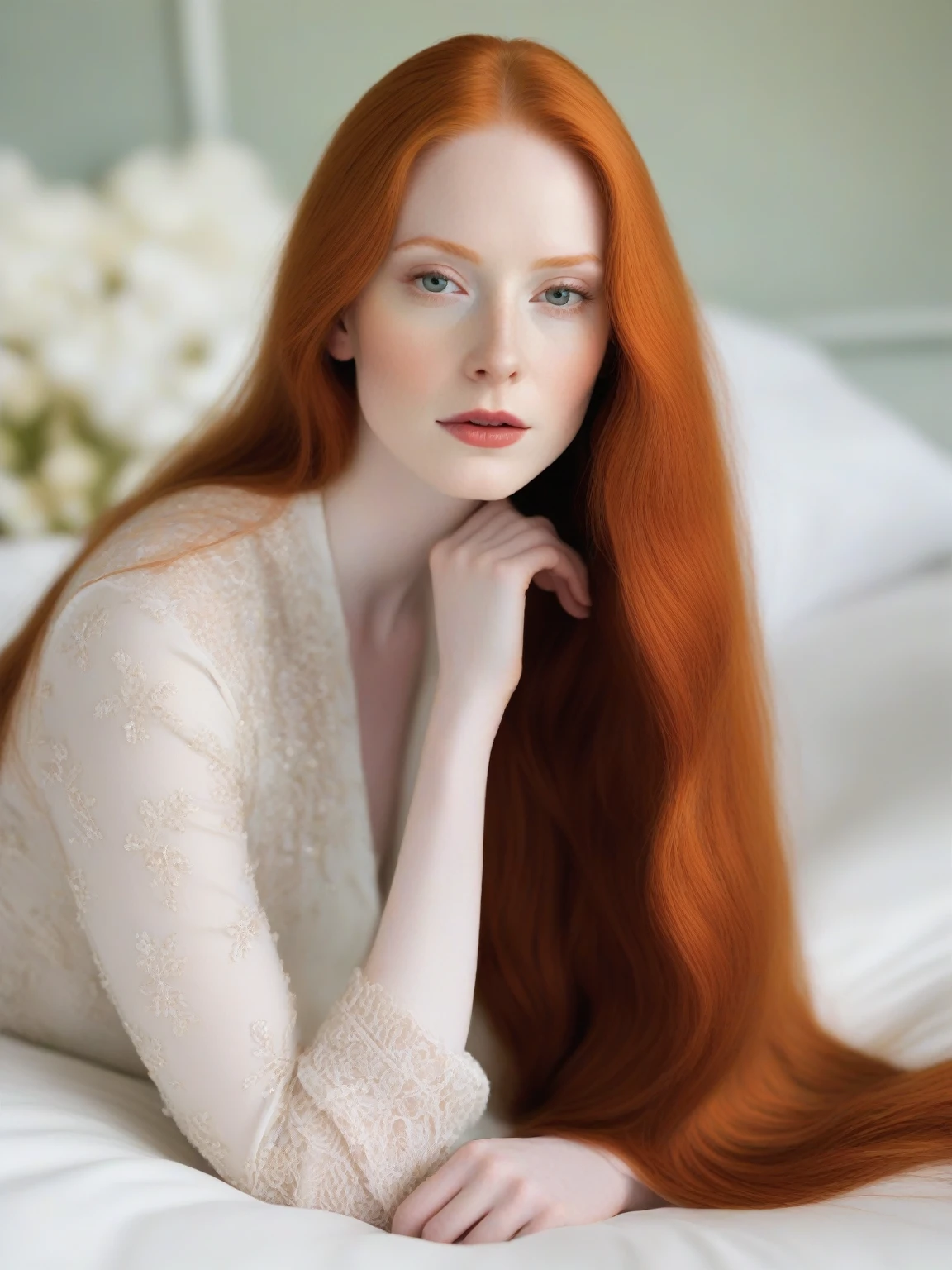 There is a woman with long red hair lying on a bed., amaranth, con pale skin, pale porcelain white skin, pale skin y clara!!, pale skin y brillante, she has long orange hair, She has long orange-brown hair., pale skin, smooth and impeccable, pale red, pale skin marfil, pale skin de porcelana, soft and pale skin, King&#39;s wool