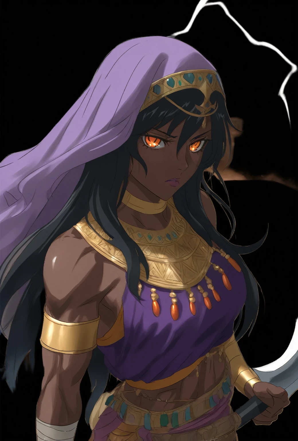 a close-up of a woman with a sword in her hand, Samira aus League of Legends, Photo of the spirit of Anubis, portrait Knights of the Zodiac Girl, the truth of the matter, black - haired mage, black, priestess, Senna from League of Legends, storm, Egyptian god, zenobia, Knights of the Zodiac Girl, Desert Fighter, old magician, desert, day, sun, dunes, blue sky, hot weather