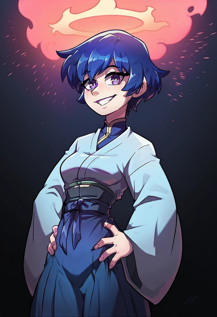 Girl, medium ruffled layered blue hair, purple eyes, open belly, Masterpiece, hiquality, Good detail, hakama outfit with stomach exposed, half-body shot above waist, fire halo. Simple artstyle. Hands on hips, smile.