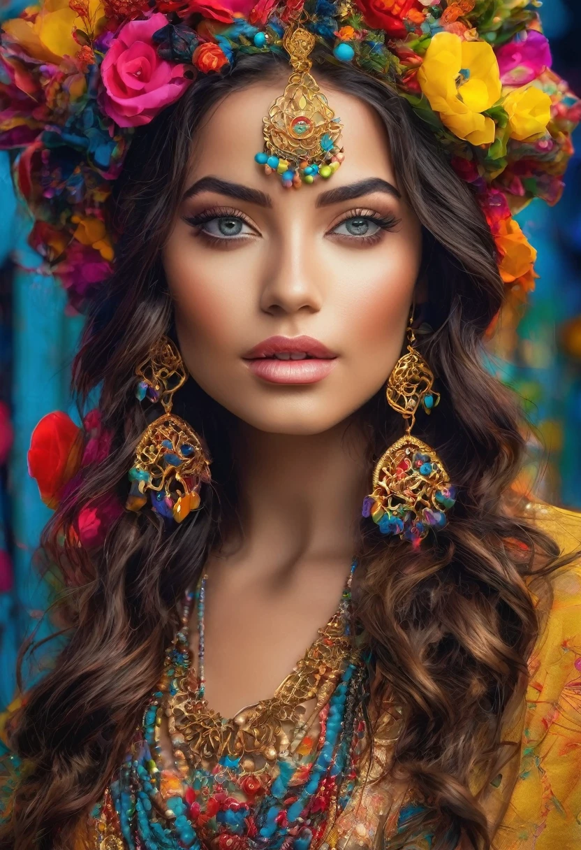 (cigana sulamita )) milhões de rosas amarelas e vermelhas , Ergue-se alto e mostra sua figura perfeita em todos os momentos cobre todo o corpo Vesti-se em uma linda saia rodada longa colorida, blusa bufante cheia de babados ((Cenário floresta )), super bonita, 8K realista , ((cabelos negros)), pele-Morena-Dourada, olhos negros, Corpo muscular ultrarrealista, vesti-se com uma roupa de cigana mágica , com um toque mágico e místico, com cabelo estilo slime , portanto, inspirado em Izzy Medrano, 3D 18K UHD., pulseiras douradas, , brincos dourados ,16k, Elementos: Terra 8K UHD SURREAL. Beautiful stunning woman adorned in ornate, colorful jewelry and clothing that appears to be inspired by"gypsy" style. She has long, dark curly hair with flowers tucked into it. Her makeup emphasizes her eyes, and she's wearing large, dangling earrings and multiple necklaces with colorful beads and pendants. The woman's clothing includes vibrant fabrics with patterns. The overall aesthetic is very bohemian and romantic, evoking a free-spirited, nomadic culture. The lighting in the image is warm, giving it a rich, golden glow that enhances the romantic atmosphere.woman adorned in ornate, colorful jewelry and clothing that appears to be inspired by Romani or "gypsy" style. She has long, dark curly hair with flowers tucked into it. Her makeup emphasizes her eyes, and she's wearing large, dangling earrings and multiple necklaces with colorful beads and pendants. The woman's clothing includes vibrant fabrics with patterns. The overall aesthetic is very bohemian and romantic, evoking a free-spirited, cigana culture. The lighting in the image is warm, giving it a rich, golden glow that enhances the romantic atmosphere UHD 18K.
