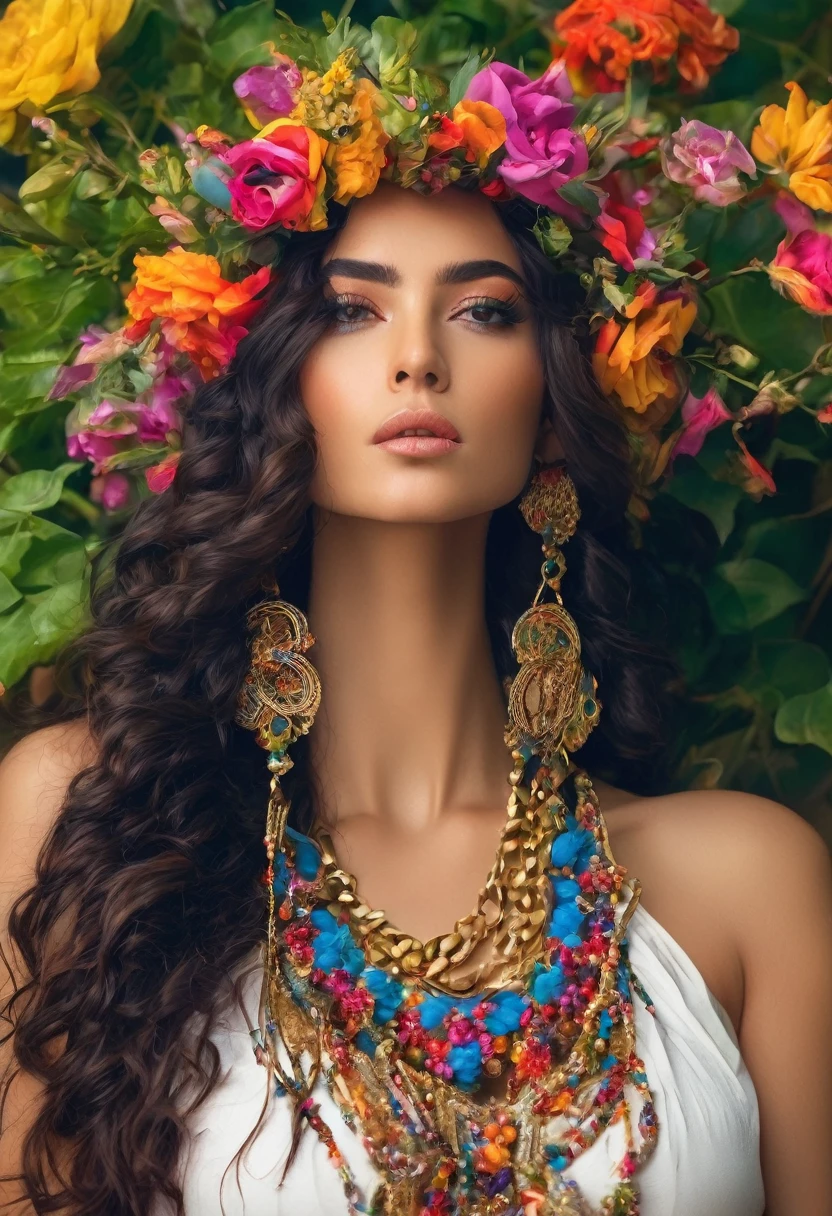 (cigana sulamita )) milhões de rosas amarelas e vermelhas , Ergue-se alto e mostra sua figura perfeita em todos os momentos cobre todo o corpo Vesti-se em uma linda saia rodada longa colorida, blusa bufante cheia de babados ((Cenário floresta )), super bonita, 8K realista , ((cabelos negros)), pele-Morena-Dourada, olhos negros, Corpo muscular ultrarrealista, vesti-se com uma roupa de cigana mágica , com um toque mágico e místico, com cabelo estilo slime , portanto, inspirado em Izzy Medrano, 3D 18K UHD., pulseiras douradas, , brincos dourados ,16k, Elementos: Terra 8K UHD SURREAL. Beautiful stunning woman adorned in ornate, colorful jewelry and clothing that appears to be inspired by"gypsy" style. She has long, dark curly hair with flowers tucked into it. Her makeup emphasizes her eyes, and she's wearing large, dangling earrings and multiple necklaces with colorful beads and pendants. The woman's clothing includes vibrant fabrics with patterns. The overall aesthetic is very bohemian and romantic, evoking a free-spirited, nomadic culture. The lighting in the image is warm, giving it a rich, golden glow that enhances the romantic atmosphere.woman adorned in ornate, colorful jewelry and clothing that appears to be inspired by Romani or "gypsy" style. She has long, dark curly hair with flowers tucked into it. Her makeup emphasizes her eyes, and she's wearing large, dangling earrings and multiple necklaces with colorful beads and pendants. The woman's clothing includes vibrant fabrics with patterns. The overall aesthetic is very bohemian and romantic, evoking a free-spirited, cigana culture. The lighting in the image is warm, giving it a rich, golden glow that enhances the romantic atmosphere UHD 18K.