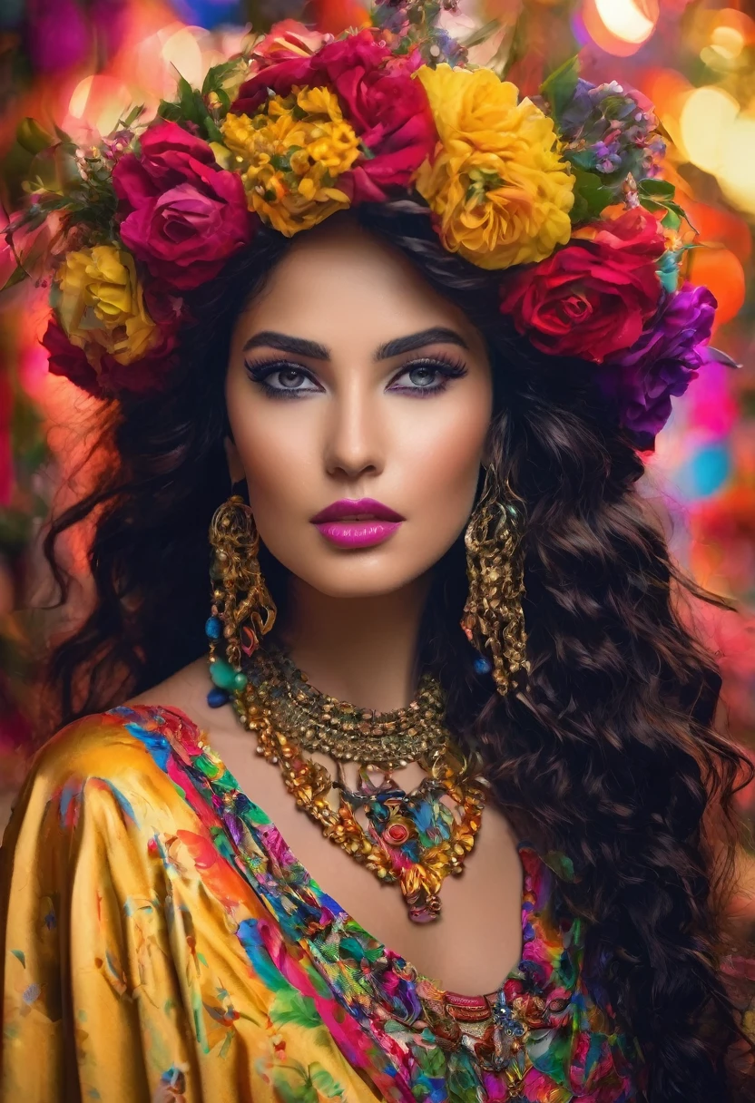 (cigana sulamita )) milhões de rosas amarelas e vermelhas , Ergue-se alto e mostra sua figura perfeita em todos os momentos cobre todo o corpo Vesti-se em uma linda saia rodada longa colorida, blusa bufante cheia de babados ((Cenário floresta )), super bonita, 8K realista , ((cabelos negros)), pele-Morena-Dourada, olhos negros, Corpo muscular ultrarrealista, vesti-se com uma roupa de cigana mágica , com um toque mágico e místico, com cabelo estilo slime , portanto, inspirado em Izzy Medrano, 3D 18K UHD., pulseiras douradas, , brincos dourados ,16k, Elementos: Terra 8K UHD SURREAL. Beautiful stunning woman adorned in ornate, colorful jewelry and clothing that appears to be inspired by"gypsy" style. She has long, dark curly hair with flowers tucked into it. Her makeup emphasizes her eyes, and she's wearing large, dangling earrings and multiple necklaces with colorful beads and pendants. The woman's clothing includes vibrant fabrics with patterns. The overall aesthetic is very bohemian and romantic, evoking a free-spirited, nomadic culture. The lighting in the image is warm, giving it a rich, golden glow that enhances the romantic atmosphere.woman adorned in ornate, colorful jewelry and clothing that appears to be inspired by Romani or "gypsy" style. She has long, dark curly hair with flowers tucked into it. Her makeup emphasizes her eyes, and she's wearing large, dangling earrings and multiple necklaces with colorful beads and pendants. The woman's clothing includes vibrant fabrics with patterns. The overall aesthetic is very bohemian and romantic, evoking a free-spirited, cigana culture. The lighting in the image is warm, giving it a rich, golden glow that enhances the romantic atmosphere UHD 18K.