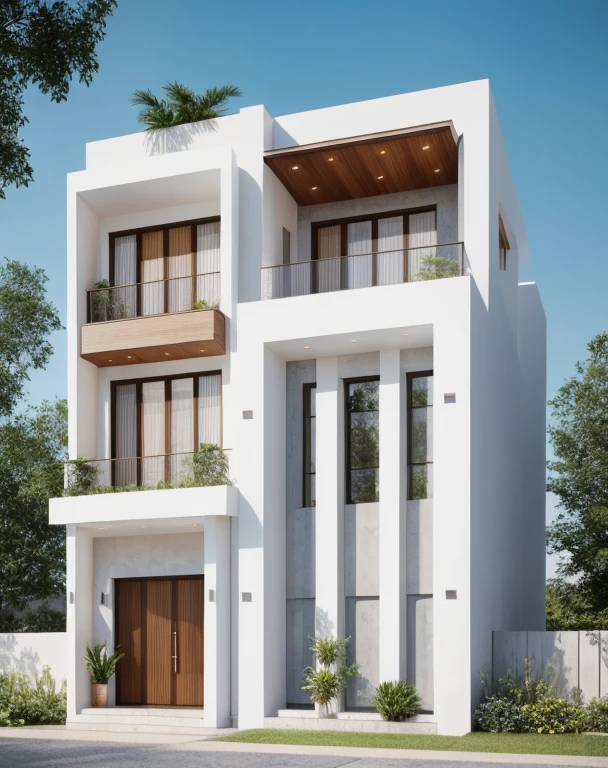Minimalist architecture, the main materials of the house include white walls, blue concrete effect walls, Realistic images, extremely detailed, a modern house, 1 road in font of house, large yard made by ceramic, (1 car), brick fence, lawn, a few small flowers, a road in front of the house, main materials of the house are white walls and red brick, Modern design, clear blue sky, sunrise light, light from inside, dynamic light,shimering light, cinematic light, romantic feeling, (((day light, warm light)))