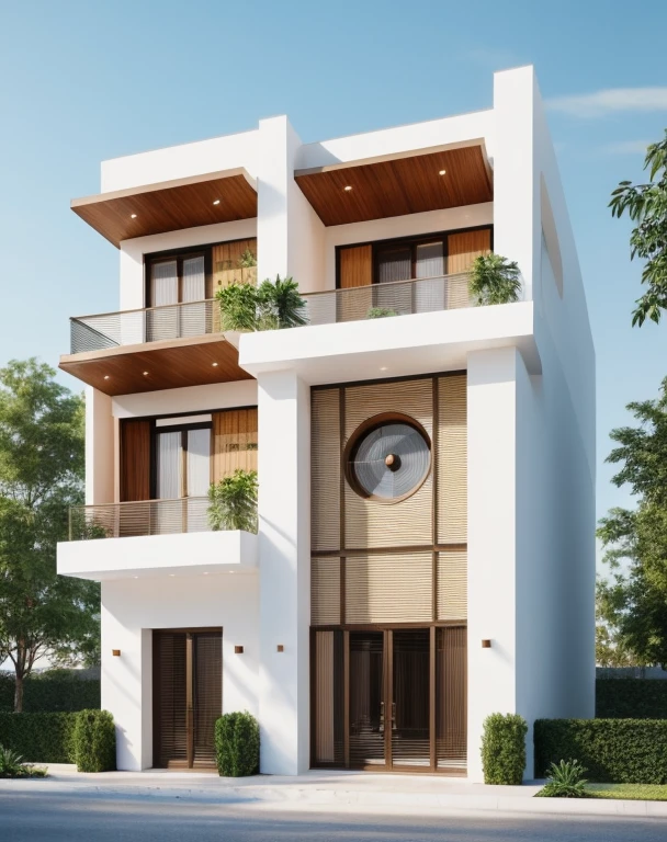 Minimalist architecture, the main materials of the house include white walls, blue concrete effect walls, Realistic images, extremely detailed, a modern house, 1 road in font of house, large yard made by ceramic, (1 car), brick fence, lawn, a few small flowers, a road in front of the house, main materials of the house are white walls and red brick, Modern design, clear blue sky, sunrise light, light from inside, dynamic light,shimering light, cinematic light, romantic feeling, (((day light, warm light)))