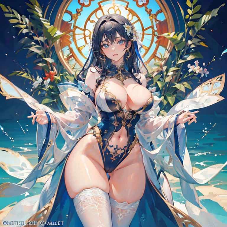 a beautiful detailed woman, 1girl, perfect body, sensual figure, slender, large breasts, thick thighs, gorgeous face, intricate details, high quality, masterpiece, official art, stunning, vibrant colors:1.5, art nouveau:1.5