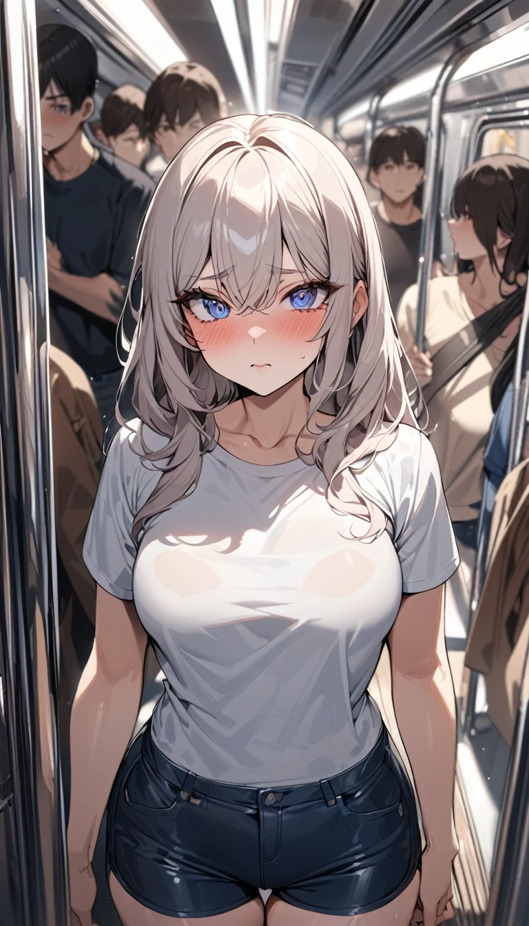 masterpiece, High resolution, perfect face, Korean beauty, 30 years old, beautiful face, in the crowded train, tight T-shirt, skinny pants, embarrassed look, look at the camera, (top quality eyes), detailed texture, look at me, Married woman, cool women, ((high resolution eyes)), little curvy, sitting, hentai