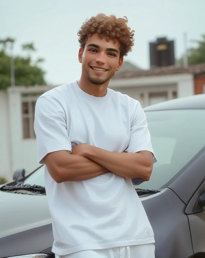 Slim man with arms crossed, smiling, curly hair, pulling over to car