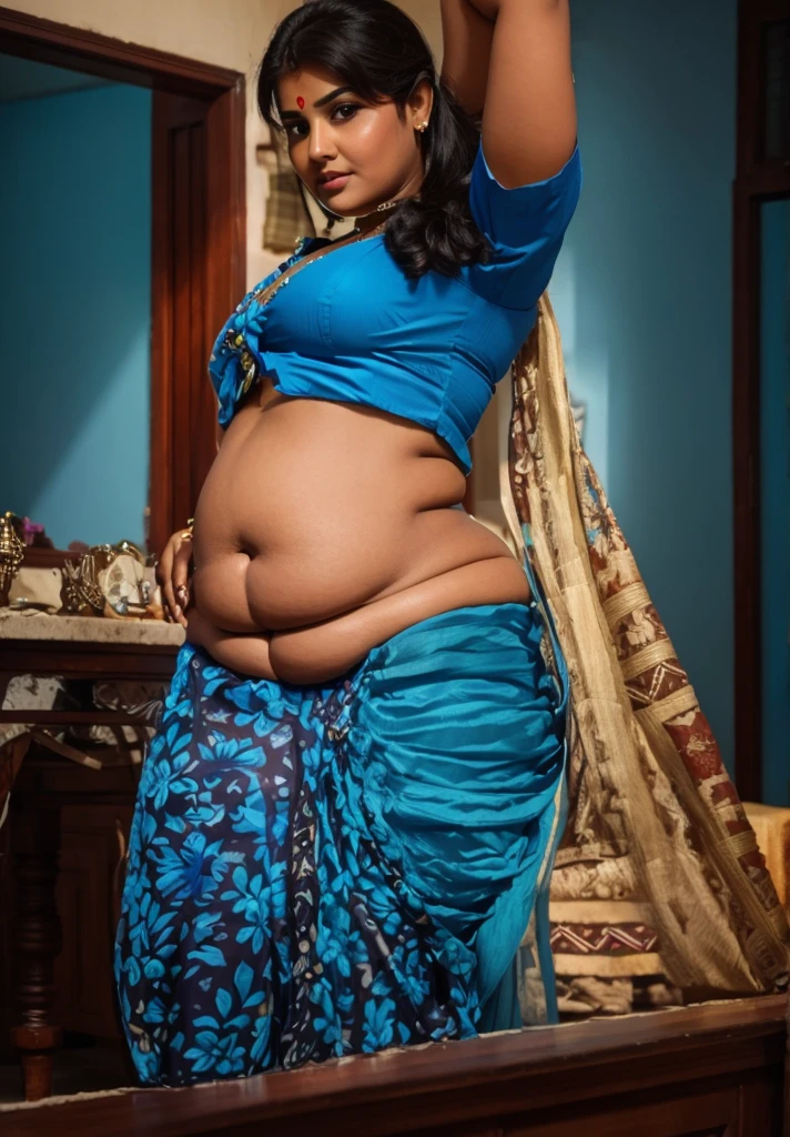 indian.plus size bhabhi wearing blue skirt and blue blouse, she has big belly wide hips, big buttocks , fat legs