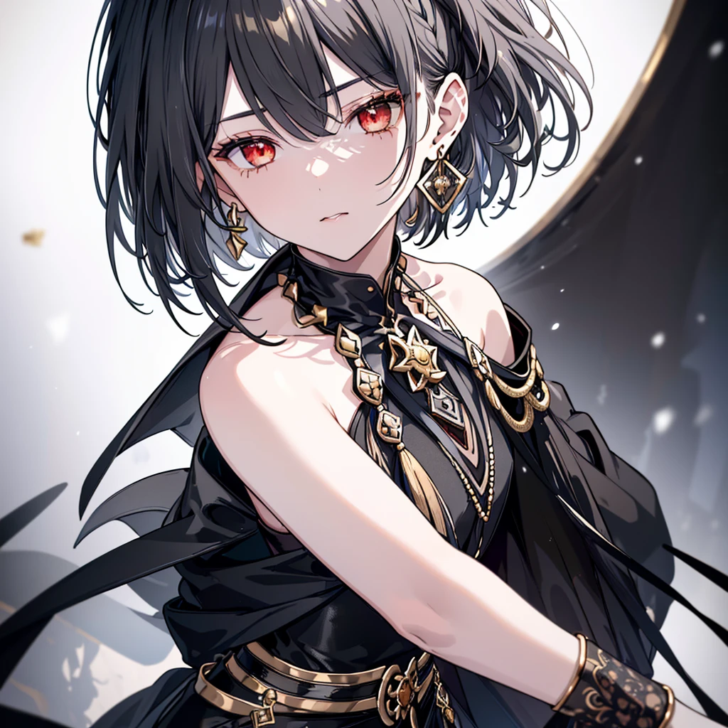 8k,High resolution RAW color art,Anime Art,Silver Marble Skin, (((Very detailed and cool))), Detailed skin, Blur、texture,(Exquisitely crafted, The finer details, Ultra-detailed art), (((1 girl))), Depth of written boundary, Silky Touch, Hyper Detail, (((Cool face))), eye shadow、Armed women, Beautiful detailed red eyes, Beautiful lip detail, Highly detailed face, Delicate depiction of hair and eyes, Detailed Fashion, Golden earrings,Full body depiction, Black half top、(((Shoulder Bare)))、Black shorts、Waist Cloak、black tights、Golden decoration, Shiny grey hair, Golden bracelet, Straight Hair、Short Hair、(((Hair)))、Simple Background、(((Black theme)))、snow、look down、cloth、Clear face、Diagonal orientation