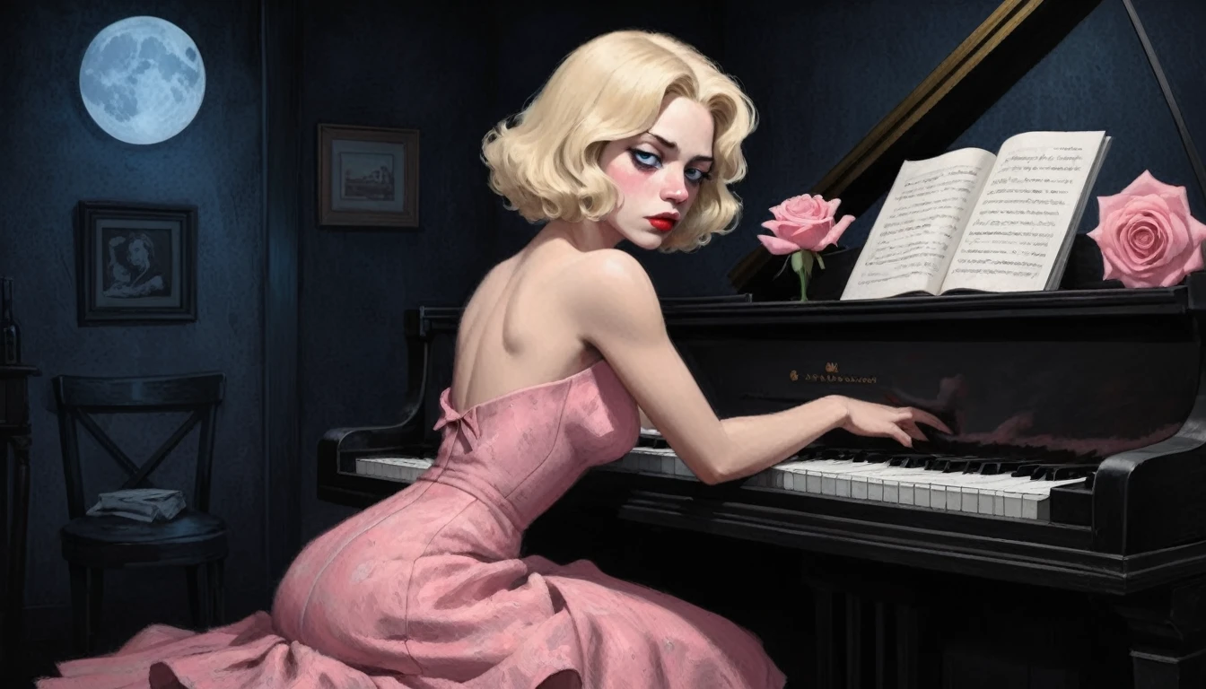 robert johnson, gritty, alabama bar, blue note, charismatic , pink rose textured dress, illustration, noir fantasy, lone blonde lady, sad ending, pianist