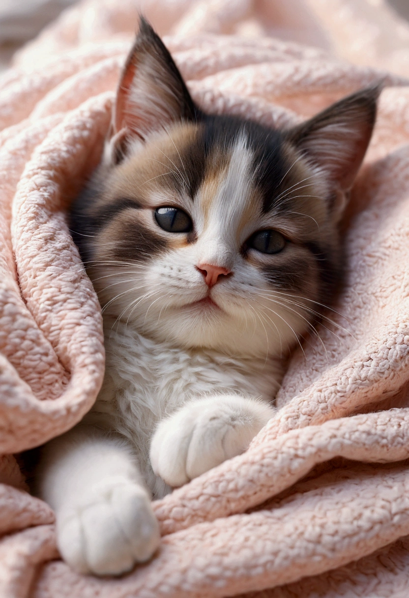 Close your eyes and sleep, Kitten, ベットでAre sleeping美しいキャット, Little cat, baby, Volumetric Light, Ultra-realistic, Intricate details, shape, Painting, watercolor, Cute Chibi, ah!, Shallow depth of field, Pastel Color Palette, Soft lighting, Minimum, Modern, Digital Painting, Lois Van Bell、Ross Tran、Art by artgerm, Artstation HQのトレンド, Very detailed,sleep,Are sleeping