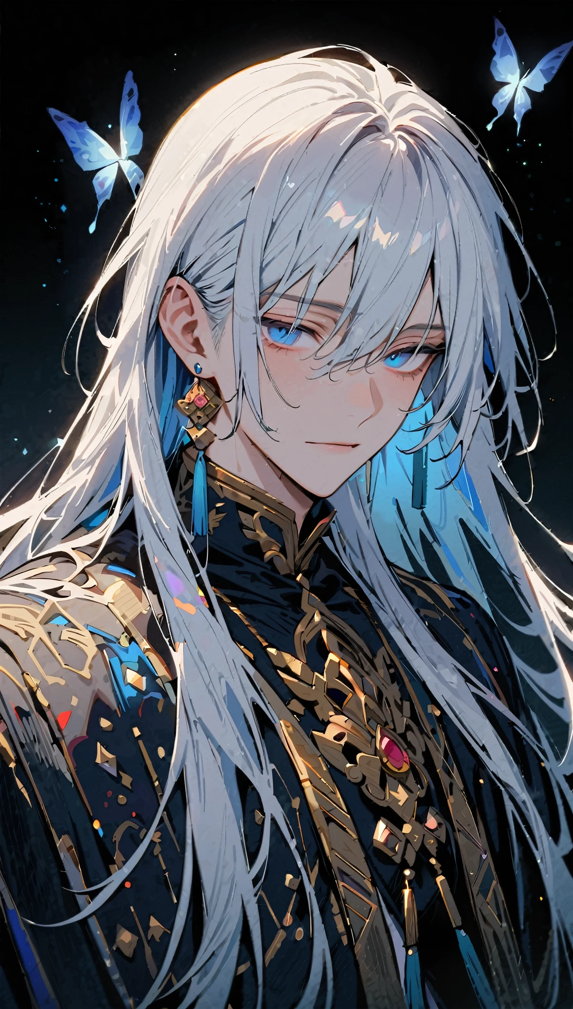 masterpiece, Male focus, 1 boy, solitary, White hair, tassel earrings, tassel, Jewelry, earrings, black background, blue eyes, Long hair, crystal, Butterfly, Upper Body, Colorful hair,Pearlescent Rose,Personal,The eyes are depicted in great detail