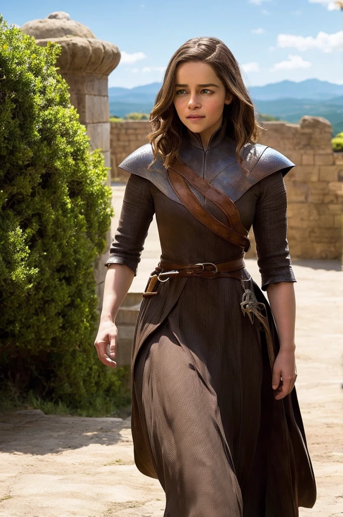 Emilia clarke, brown hair, walking in castle,