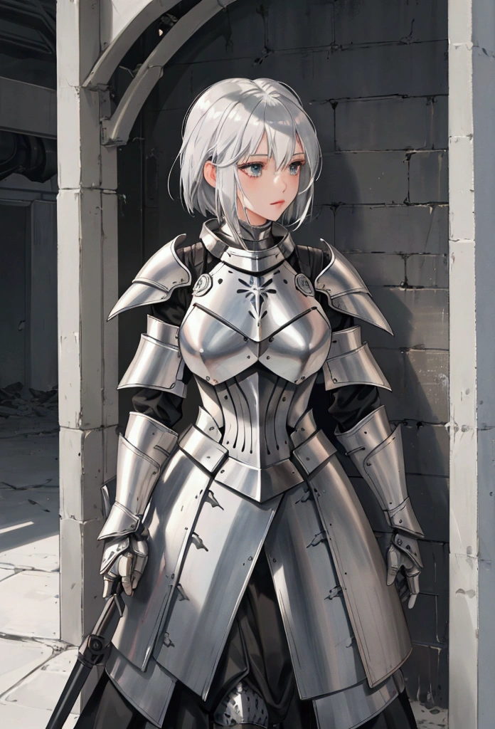 A beautiful silver-haired girl in armor, highly detailed, masterpiece quality, short hair, large bust, F1.2 aperture, apocalyptic, blurred background, solo female, commander of the silver-white holy knight order