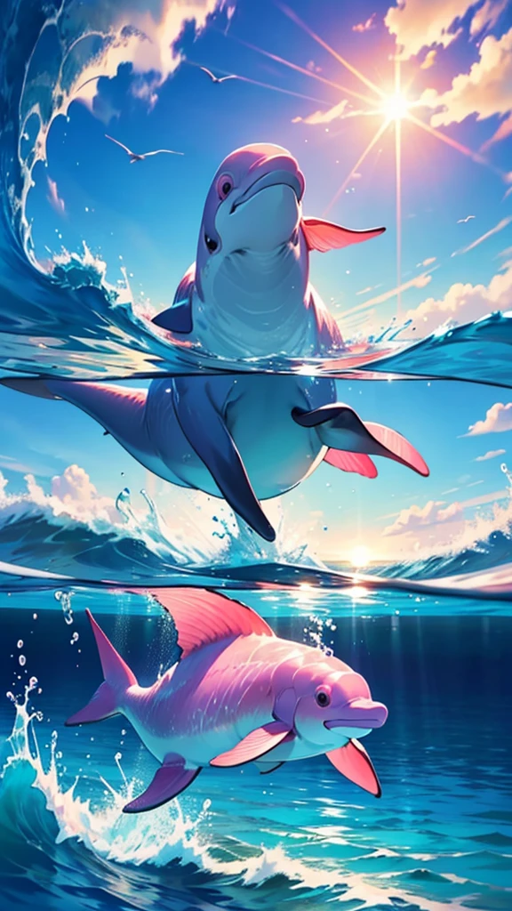 a beautiful pink dolphin swimming in the ocean, extremely detailed, 1 dolphin, photorealistic, 8k, high quality, hyperrealistic, vibrant colors, detailed ocean waves, sun shining through the water, underwater scene, serene atmosphere, realistic lighting, dynamic composition