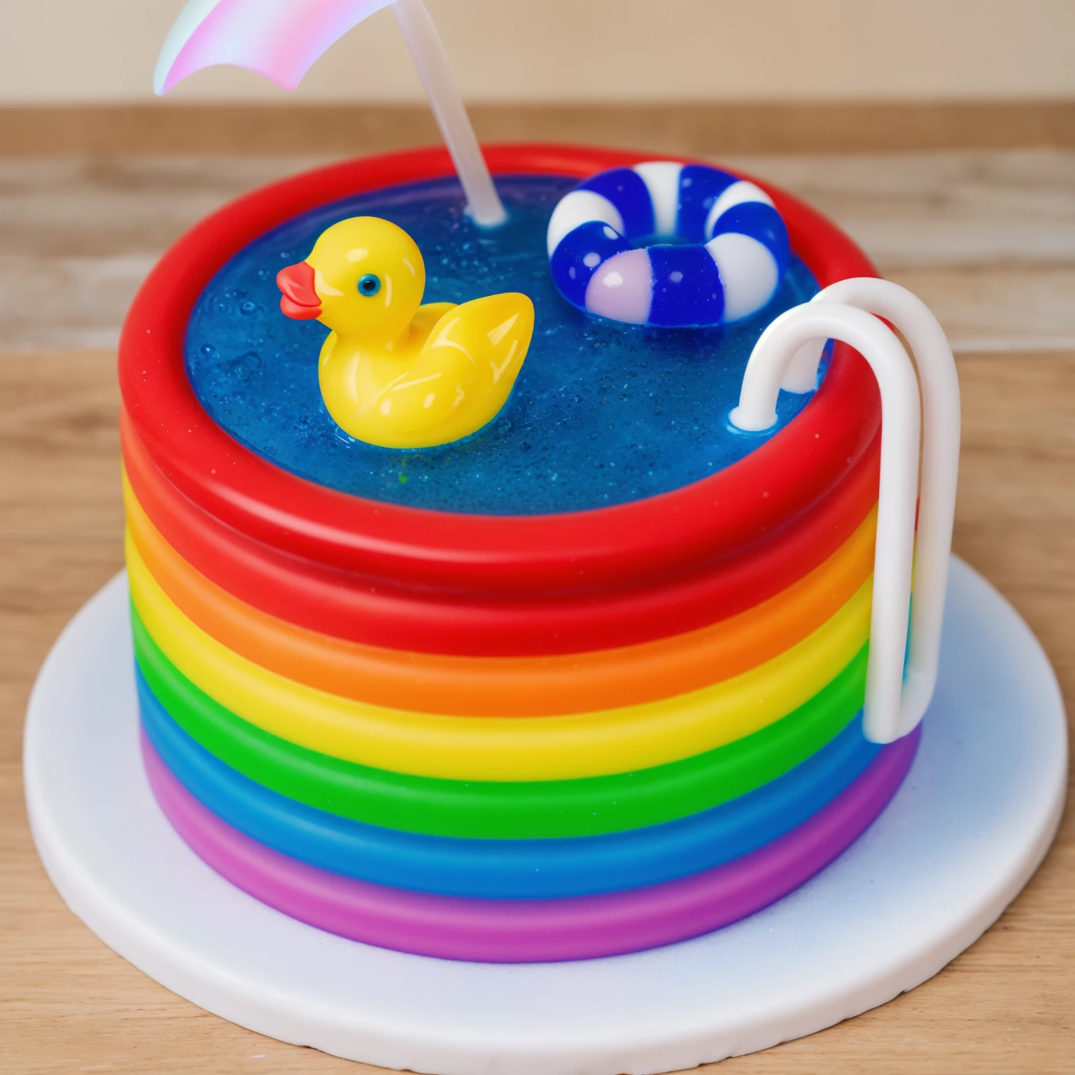 on a wooden table. there is a white plate. rainbow cake IMITATING POOL, RAINBOW STRIPS FROM POLYMER CLAY. blue jelly with bubbles. a plastic duck toy floats on it. nearby is a lifebuoy made of polymer clay, two white railings for the stairs, Beautiful light from the window, contour light, Multiple light sources, beautiful sunlight, Bright light source, bright lighting, beautiful light sources, Multiple light sources, Realistic style , realistic texture, detailed texture, a high resolution, high quality, macro photography