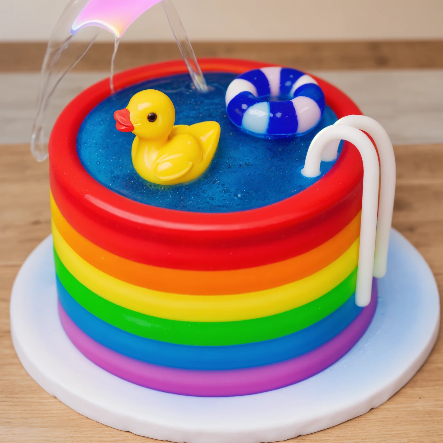 on a wooden table. there is a white plate. rainbow cake IMITATING POOL,  RAINBOW STRIPS FROM POLYMER CLAY. blue jelly with bubbles. a plastic duck toy floats on it. nearby is a lifebuoy made of polymer clay, two white railings for the stairs, Beautiful light from the window, contour light, Multiple light sources, beautiful sunlight, Bright light source, bright lighting, beautiful light sources, Multiple light sources, Realistic style , realistic texture, detailed texture, a high resolution, high quality, macro photography 