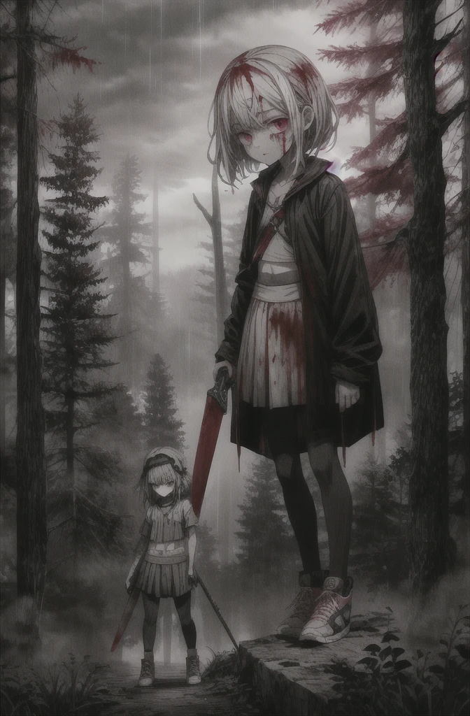 ((masterpiece)),(((best quality))), ultra_detailed, (loli:1.4), [10:years:old:1.4], [perfect:face:1.5], [detailed:facial:features:1.5], [sharp:facial:contours:1.5],[detailed:green:eyes:1.5], [sharp:eyes:1.5], looking at viewer, scared expression, pale skin, long wavy lilac hair, wet, crop top, pink pantyhose, sneakers, (camel toe:0.3), extra small breasts, full body, (bloody machete in hand), attack pose, edge of a cliff, pit, blood-soaked clothes, blood on face, bleeding, [bloody:mess:1.1], [blood:everywhere:1.4]. Night eerie atmosphere, forest, flowers, shadowy trees, scary trees, bloody grass, bad weather, dark clouds, heavy (rain) visible raindrops, night lighting, blue colors, (saturation:0.4), (highlight:0.3), (brightness:0.3), (contrast:1.5), (absurdres:1.2)