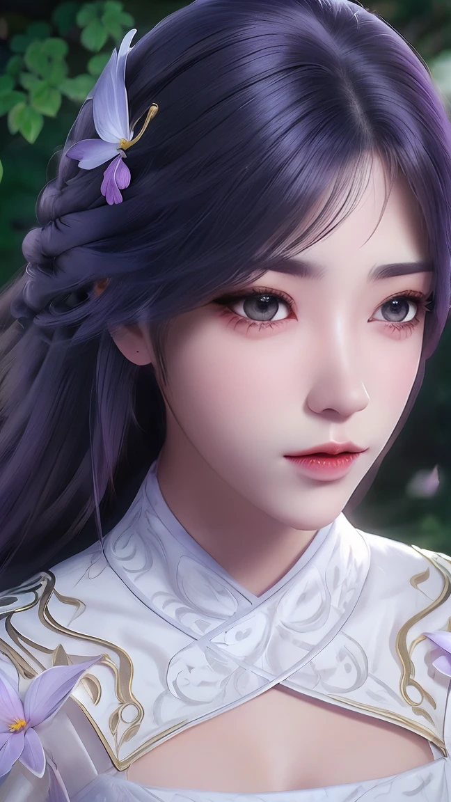 (best quality,ultra-detailed,photorealistic:1.37),vivid colors,studio lighting,beautiful detailed eyes,beautiful detailed lips,extremely detailed eyes and face,long eyelashes,portraits, purple hair,confident expression,feminine,standing in a garden,soft sunlight, scenery,flower blossoms,peaceful atmosphere,artistic touch,textured brushstrokes,subtle color variations,brilliant white highlights,delicate movements,graceful pose,slight breeze,rustling leaves,sophisticated style,professional artwork,female beauty.
