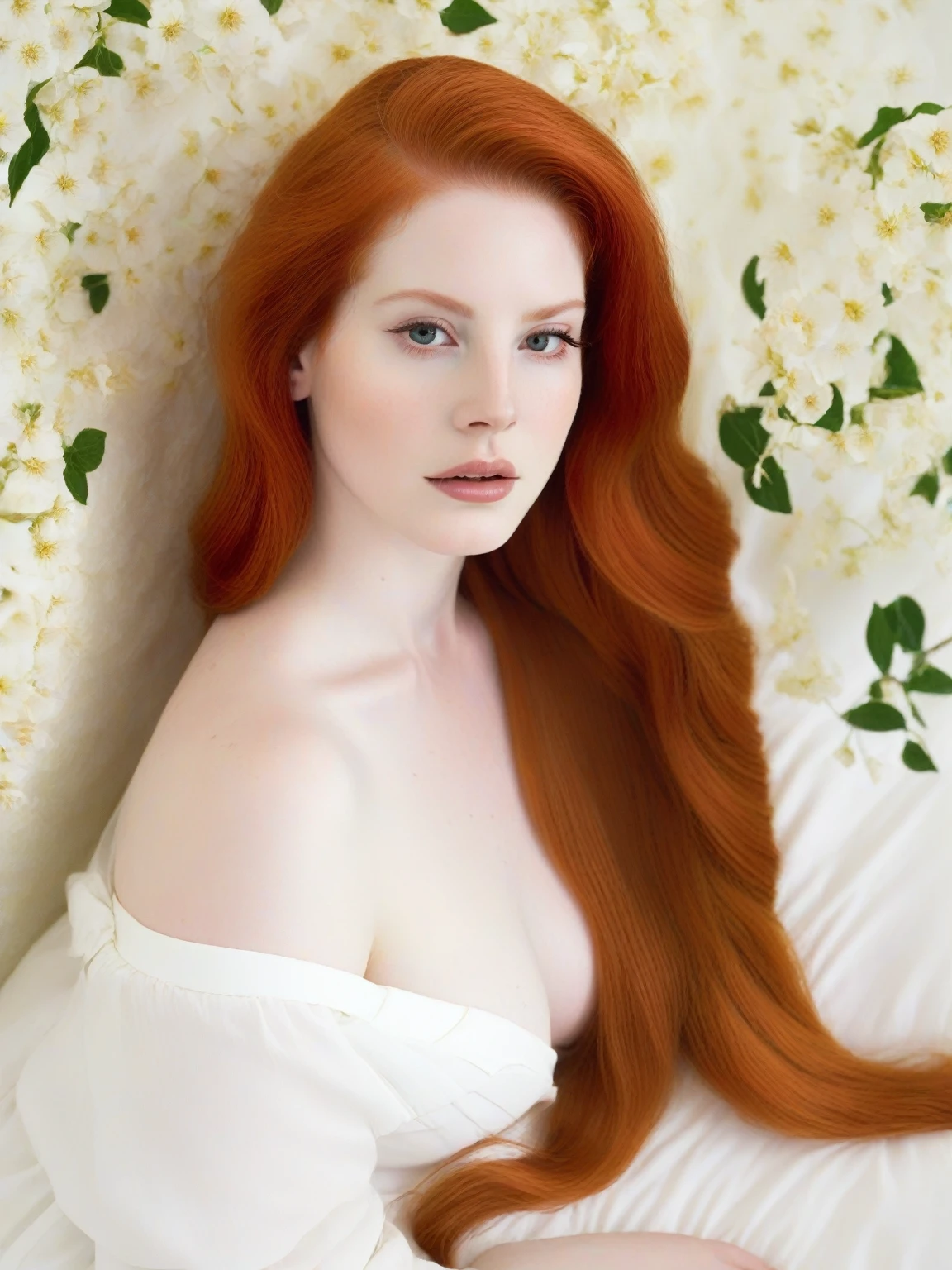 There is a woman with long red hair lying on a bed., amaranth, con pale skin, pale porcelain white skin, pale skin y clara!!, pale skin y brillante, she has long orange hair, She has long orange-brown hair., pale skin, smooth and impeccable, pale red, pale skin marfil, pale skin de porcelana, soft and pale skin, Kennedy Walsh