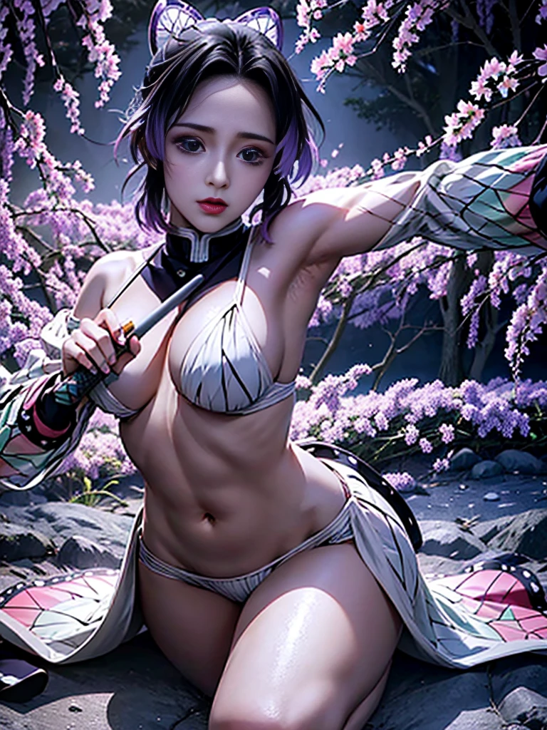 Realistic, Super detailed, High resolution, highest quality, Super detailedな,1 Female , Official Art, unity 8k wallpaper, Super detailed, beautiful and aesthetic, beautiful, masterpiece,( Super busty breasts:1.8,Small waist)、Glowing Skin,masterpiece, wonderful, (CG illustration),Asian, Ultra-realistic textured face and skin、Accurate anatomy、samurai、Colorful armor、Radiation Hair, bangs,Short Bob、((samurai))、sword,Facial details、Dynamic Pose、Dynamic Action、Dynamic Angle、Detailed Background、Wisteria flower、In combat、duel、Degrees of Freedom:1.3