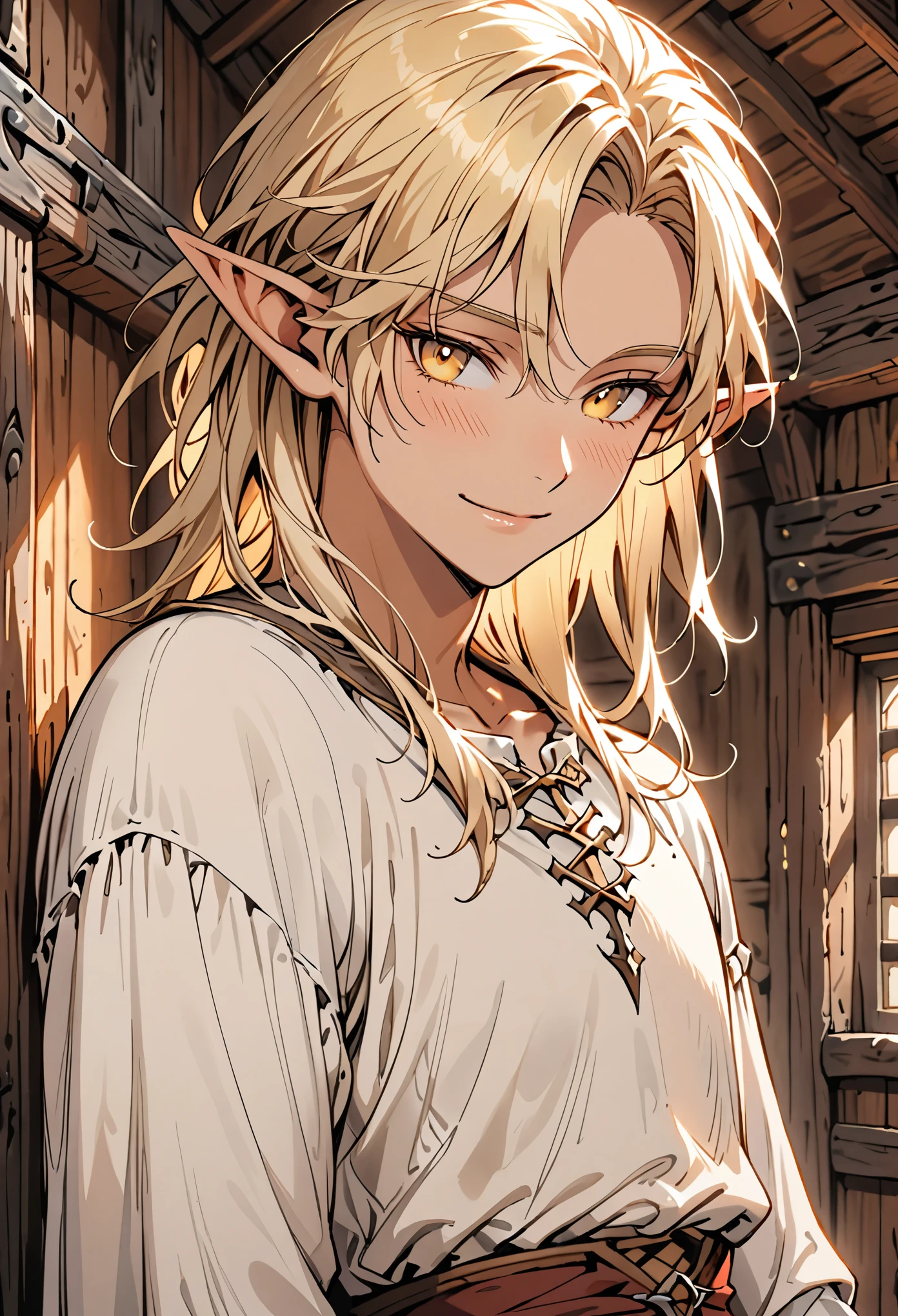 male, solo, slim waist, fit, long luscious blonde hair, yellow eyes, elf, light tan skin, clean shaven, blush,  cabin indoors, medieval clothes, young, feminine male, smile, shy pose, loose poet shirt, close up