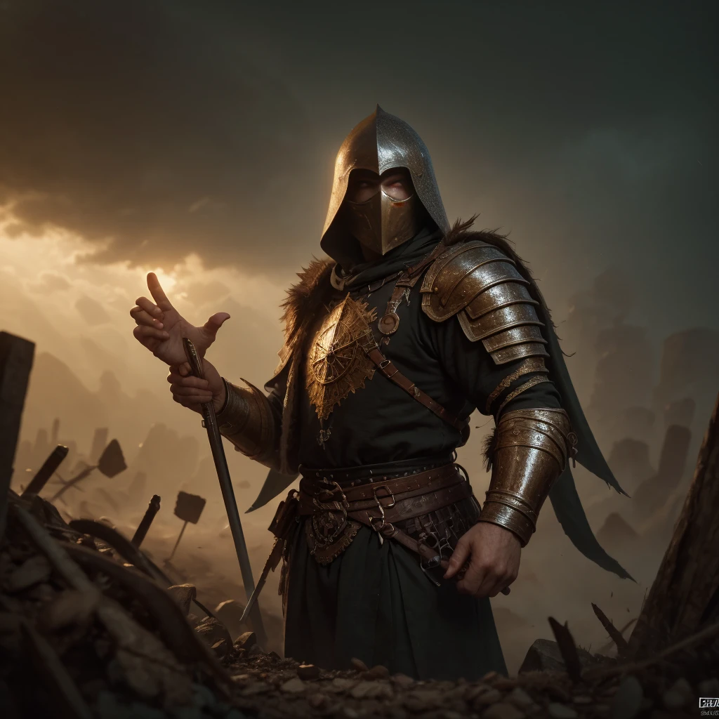 A medieval warrior fighting in the battlefield, dressed in black, work of malediction and death, The Great One of the Night of Time, stand up and shout. Realistic hands. [The character is surrounded by mist, evoking a mysterious and eerie atmosphere. The lighting is dark and atmospheric, with smoke adding a touch of sinister ambiance. Best quality image, HDR enhancement, showcasing the utmost level of detail and realism, full body shot:1.5]. [8K, Best Quality, Ultra High Resolution, (highly detailed CG unity 8k wallpaper), (best photo), cry, (best shadows), isometric 3D, octane rendering, ray tracing, highly detailed, (Best quality, 4K, 8k:1.2), absurdity, ultra detailed, (realistic, photorealistic, photorealistic:1.37), complex parts, HDR, (complex parts:1.12), (hyper detailed, hyper realistic, Soft lighting, spicy:1.2), (complex parts, Hyper detailed:1.15). Blurred foreground. (backlit), masterpiece, high quality, brightness, chromatic aberration, foggy smoke, shadows, ontrast, clear sky, (warm hue, warm tone), high details, natural reflections]. (YES SFW)