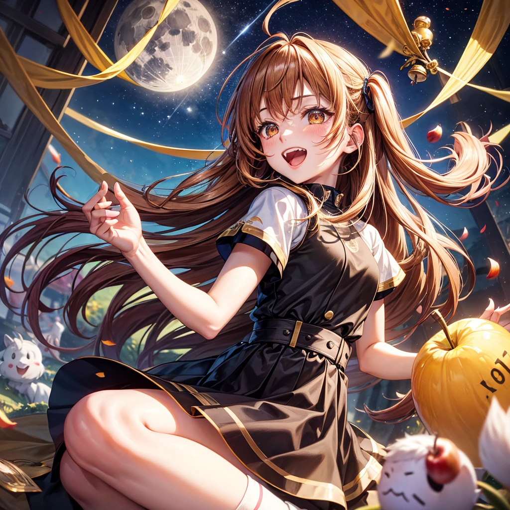Brown and gold hair、Red gold eyes、Hair tied up、One good looking girl、solo、anime、Checkered mini skirt、T-Shirts、Black knee-high socks、Teeth are visible、Starry Sky、Midnight Moon、Confetti、A large cherry tree growing on the top of a rocky mountain、Home々、Light is flowing、Wearing a bell、Petting a goat、Apple