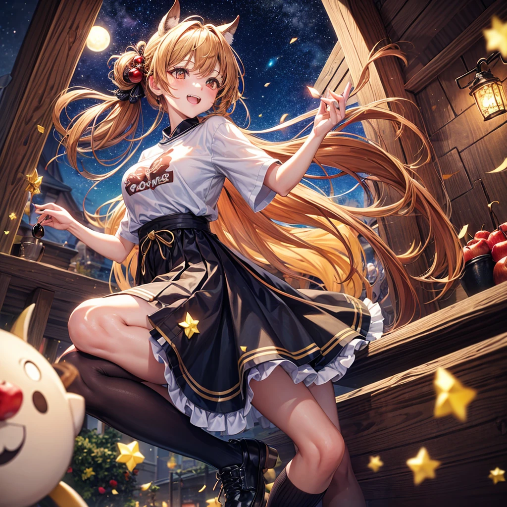Brown and gold hair、Red gold eyes、Hair tied up、One good looking girl、solo、anime、Checkered mini skirt、T-Shirts、Black knee-high socks、Teeth are visible、Starry Sky、Midnight Moon、Confetti、A large cherry tree growing on the top of a rocky mountain、Home々、Light is flowing、Wearing a bell、Petting a goat、Apple