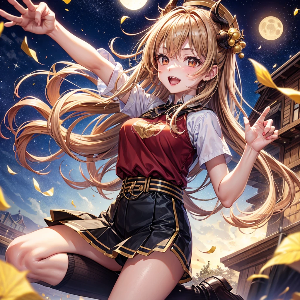 Brown and gold hair、Red gold eyes、Hair tied up、One good looking girl、solo、anime、Checkered mini skirt、T-Shirts、Black knee-high socks、Teeth are visible、Starry Sky、Midnight Moon、Confetti、A large cherry tree growing on the top of a rocky mountain、Home々、Light is flowing、Wearing a bell、Petting a goat、Apple