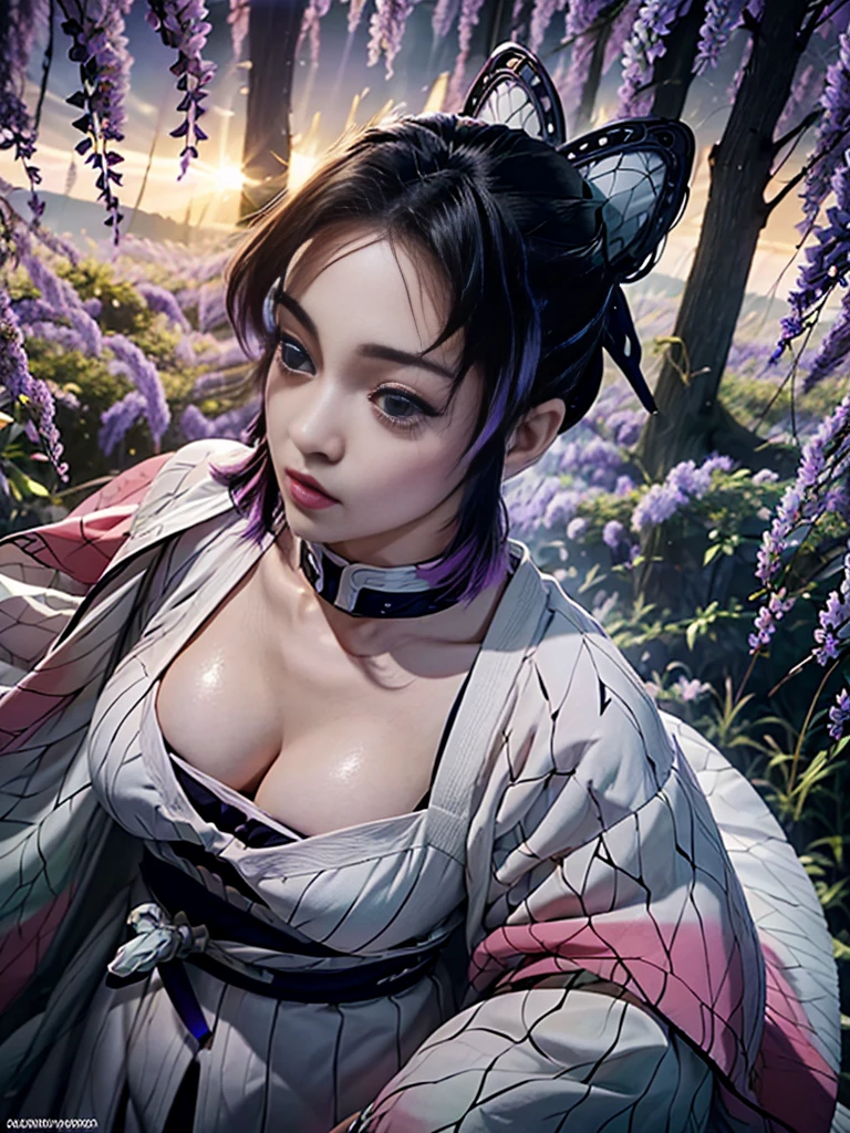 Realistic, Super detailed, High resolution, highest quality, Super detailedな,1 Female , Official Art, unity 8k wallpaper, Super detailed, beautiful and aesthetic, beautiful, masterpiece,( Super busty breasts:1.8,Small waist)、Glowing Skin,masterpiece, wonderful, (CG illustration),Asian, Ultra-realistic textured face and skin、Accurate anatomy、samurai、Colorful armor、Radiation Hair, bangs,Short Bob、((samurai))、sword,Facial details、Dynamic Pose、Dynamic Action、Dynamic Angle、Detailed Background、Wisteria flower、In combat、duel、Degrees of Freedom:1.3