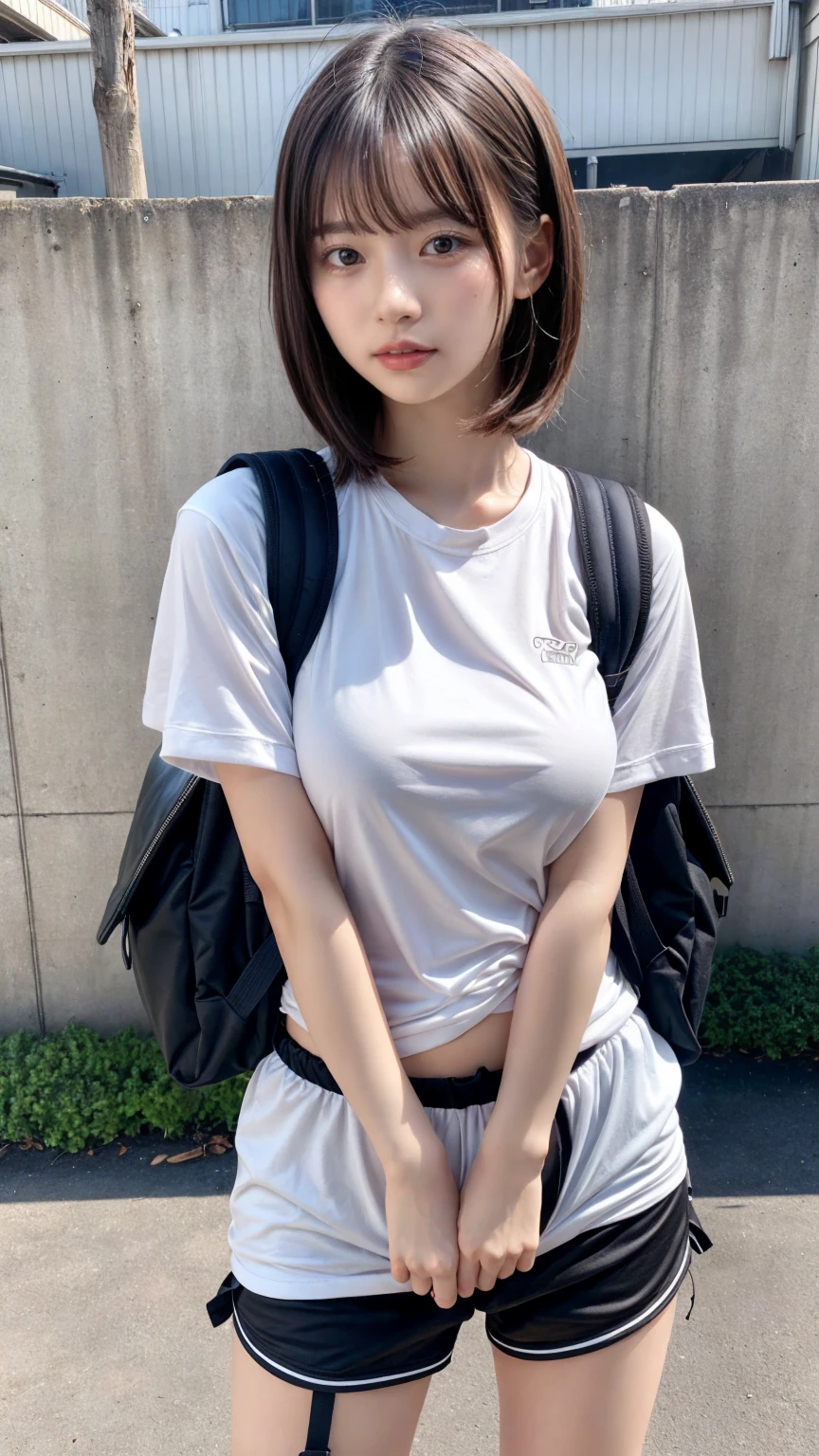 masterpiece, best quality, illustration, Super detailed, fine details, High resolution, 8K,wall paper, perfect dynamic composition,(Details High quality, realistic depiction of eyes:1.3), oversized sport shirt, shorts women, small backpack, short bob hair, black hair color, Big Natural Color Lip, sexy pose, crying a little、cold gaze, Harajuku style、20 year old girl、cute type、lolita, hposing Gravure Idol, full body photo、focus on crotch, huge breasts