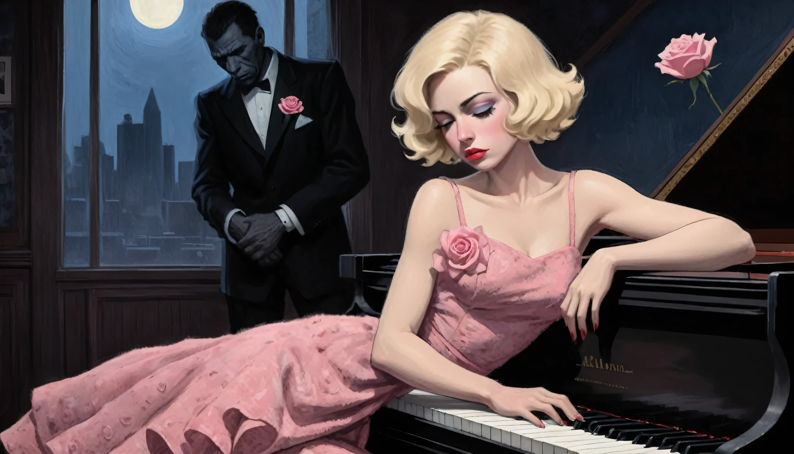 robert johnson, gritty, alabama bar, blue note, charismatic , pink rose textured dress, illustration, noir fantasy, lone blonde lady, sad ending, pianist