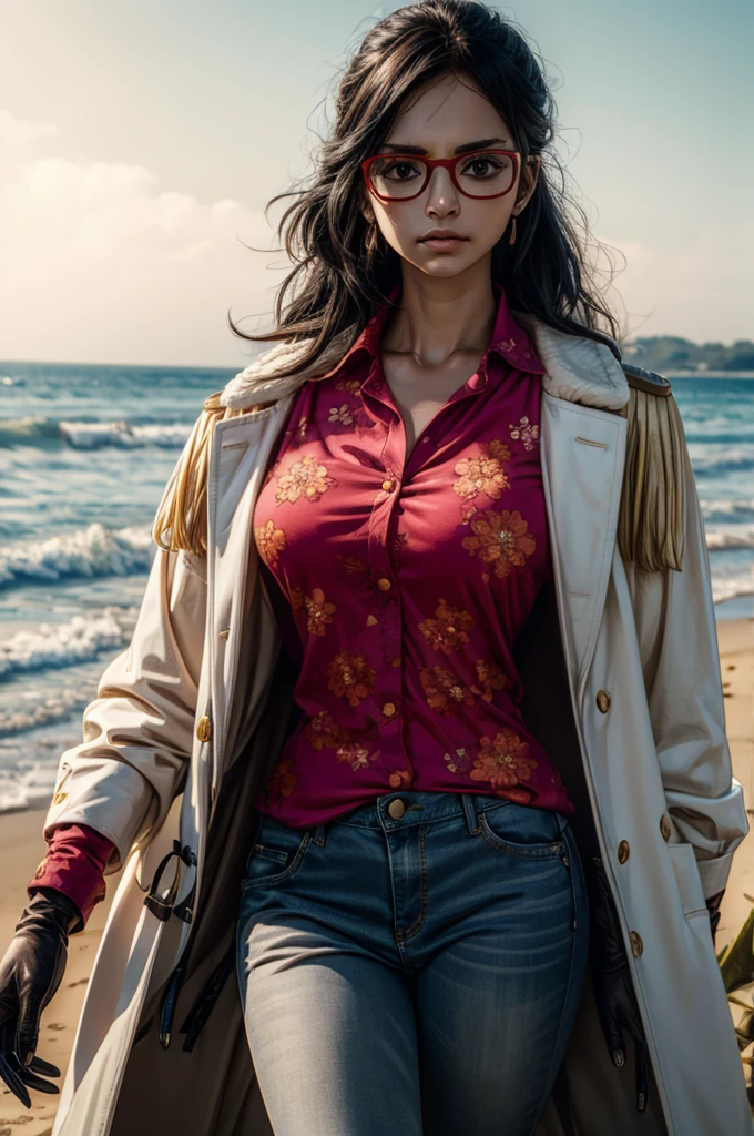 masterpiece, best quality, ultra-detailed, Tashigi, black hair, glasses, epaulettes, gloves, red-framed eyewear, coat, shirt, jeans pants, brown eyes, floral print, floral print shirt, in a beach, cowboy shot, serious, closed mouth, realistic, volumetric lighting, intricate details, tonemapping, sharp focus, hyper detailed, 