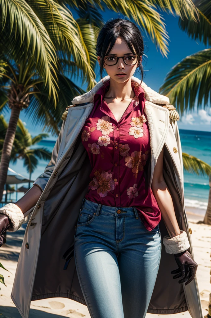 masterpiece, best quality, ultra-detailed, Tashigi, black hair, glasses, epaulettes, gloves, red-framed eyewear, coat, shirt, jeans pants, brown eyes, floral print, floral print shirt, in a beach, cowboy shot, serious, closed mouth, realistic, volumetric lighting, intricate details, tonemapping, sharp focus, hyper detailed, 